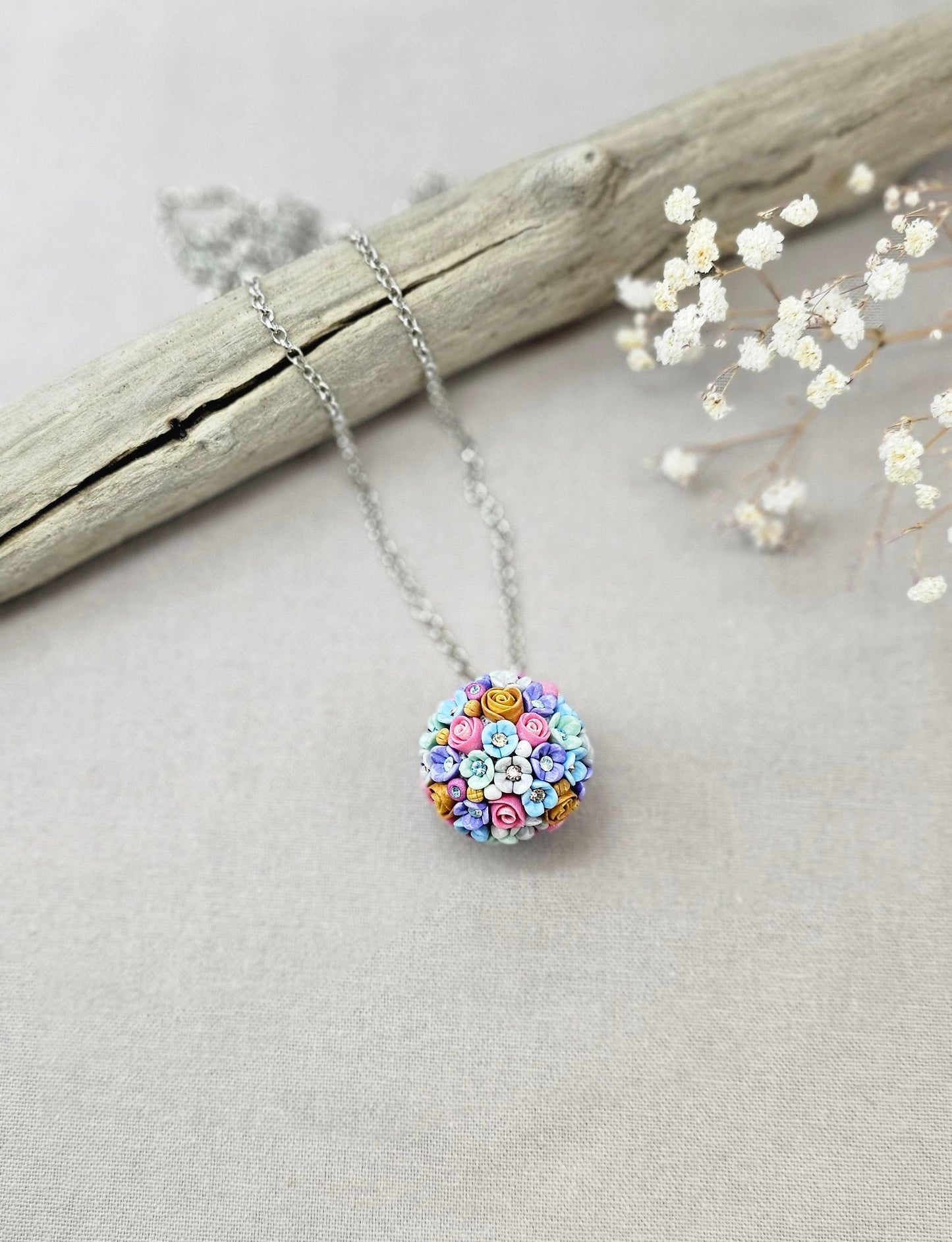 Colorful Spring Blossom Polymer Clay Ball Pendant on Silver color Metal Chain