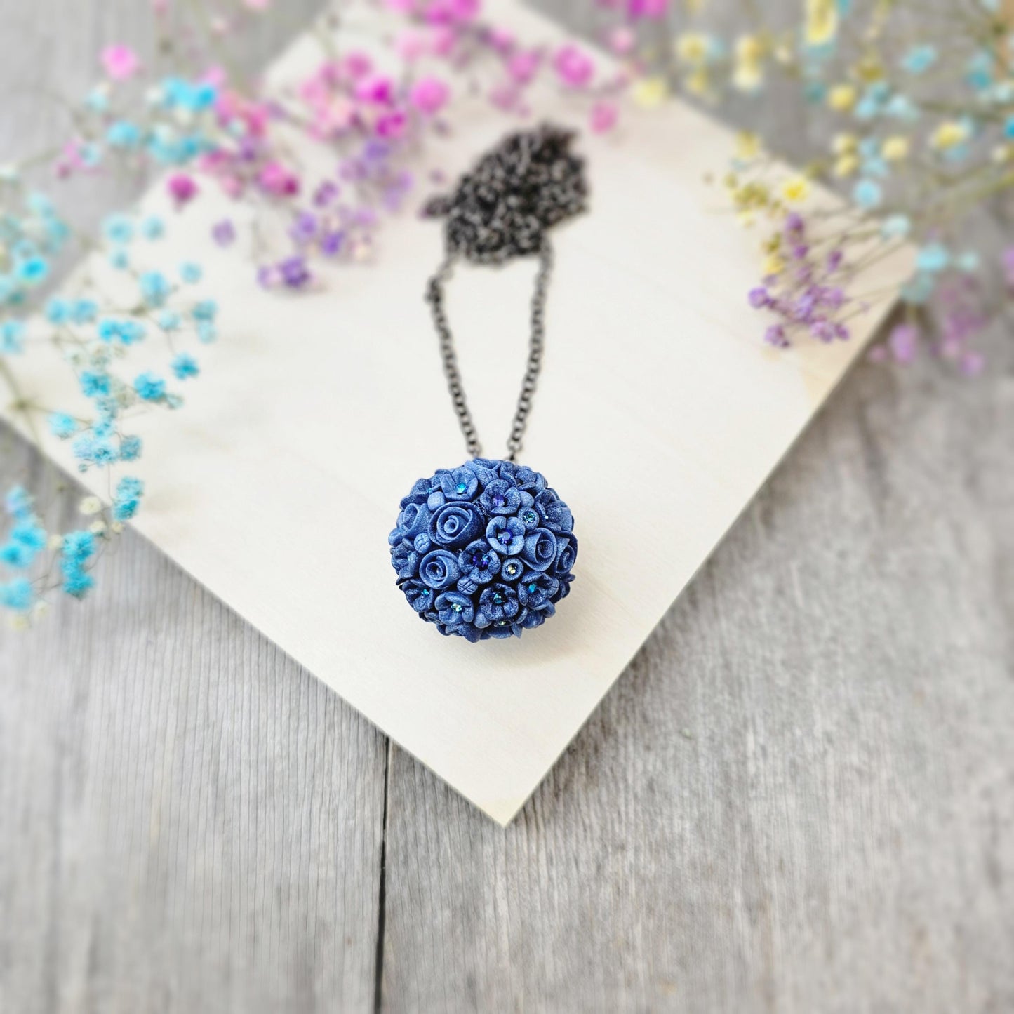 Blue Floral Polymer Clay Pendant