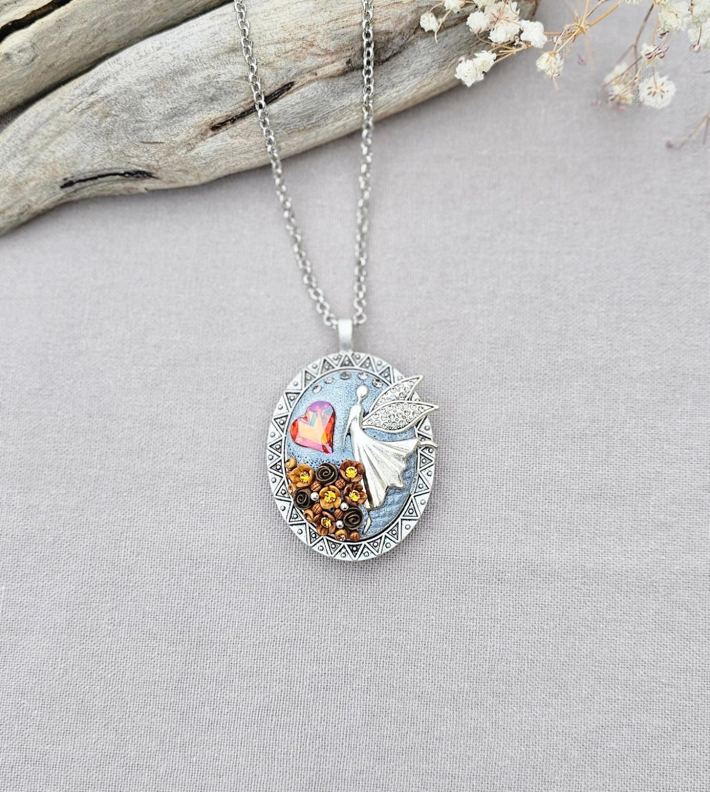 Handmade Brown Orange Fairy Heart Locket Pendant with Polymer Clay Floral Accents