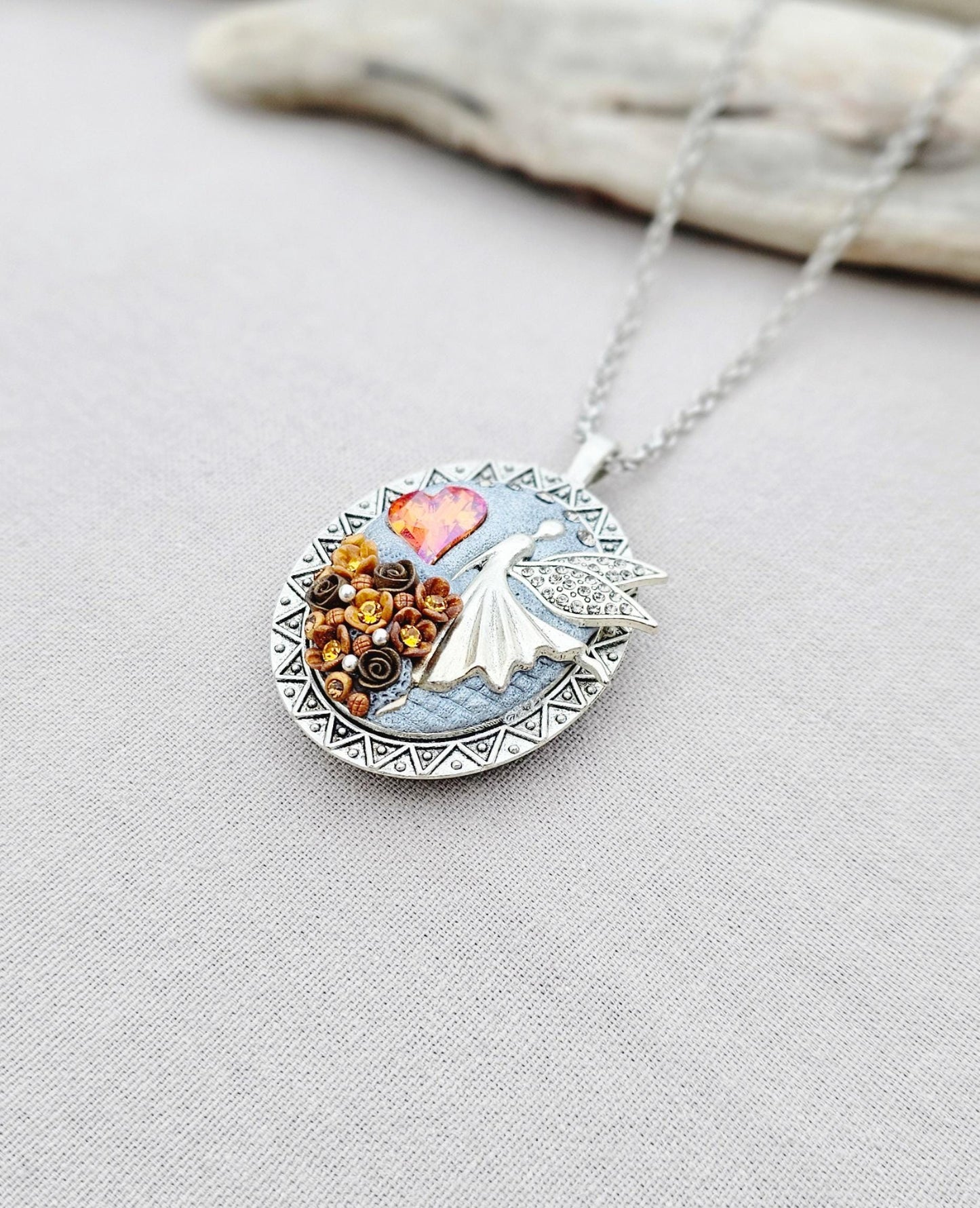 Handmade Brown Orange Fairy Heart Locket Pendant with Polymer Clay Floral Accents