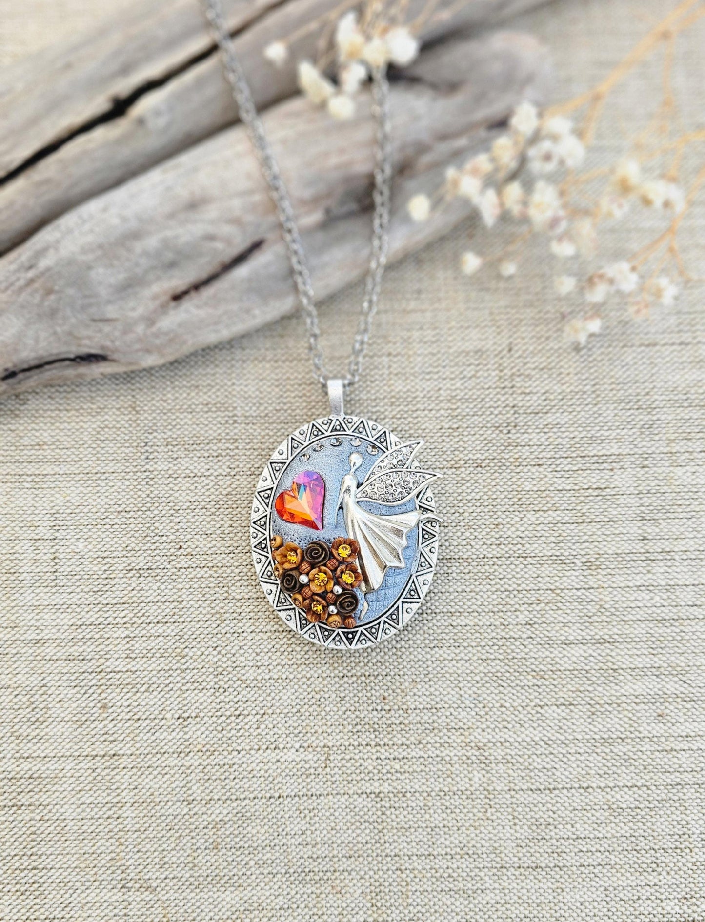 Double Sided Handmade Brown Orange Fairy Heart Locket Pendant with Polymer Clay Floral Accents