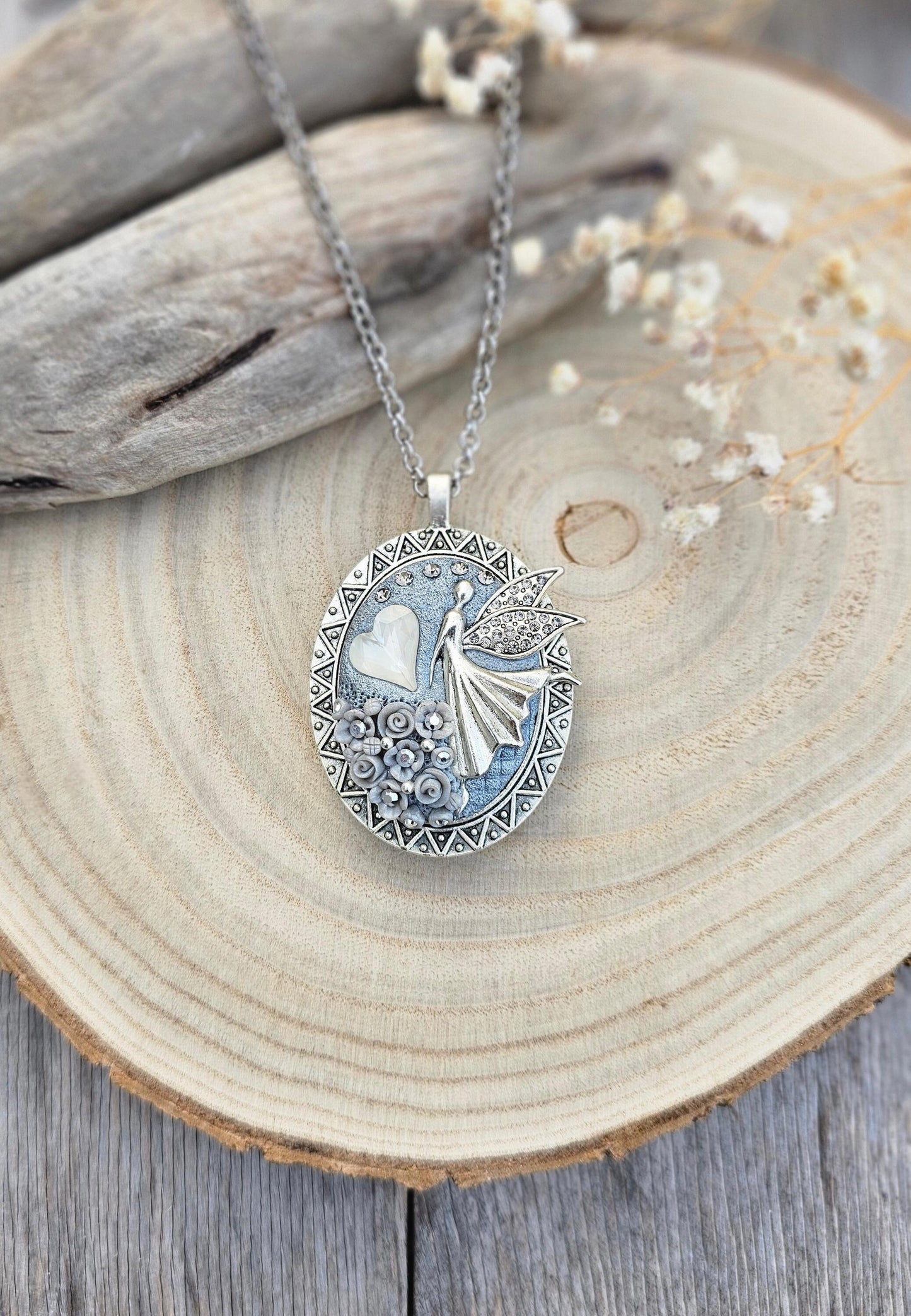 Double Sided Handmade White and Silver color Fairy Heart Locket Pendant with Polymer Clay Floral Accents