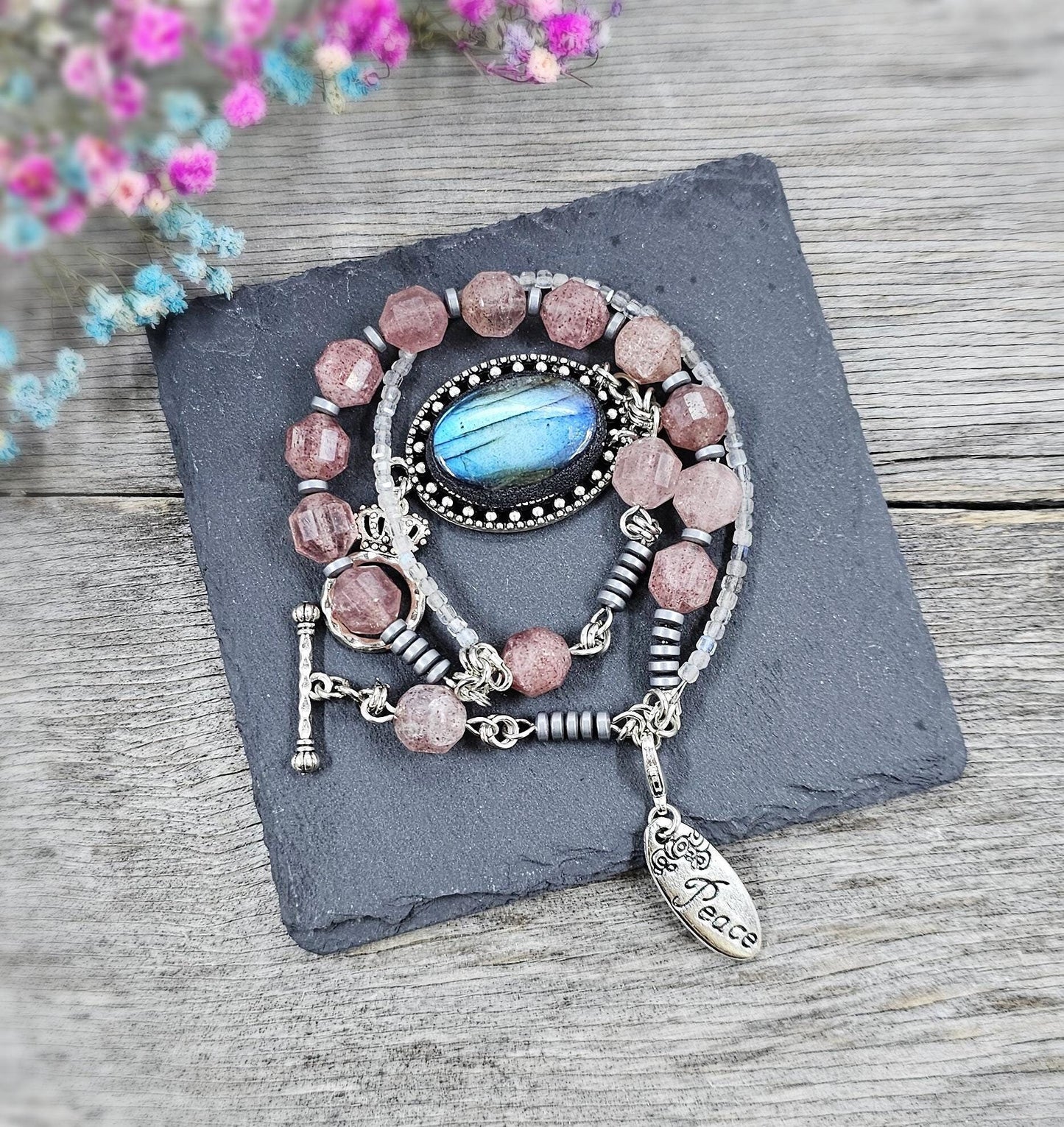 Handcrafted Labradorite and Strawberry Quartz Bracelet – Unique Wrap Design with a Blue Shimmering Centerpiece
