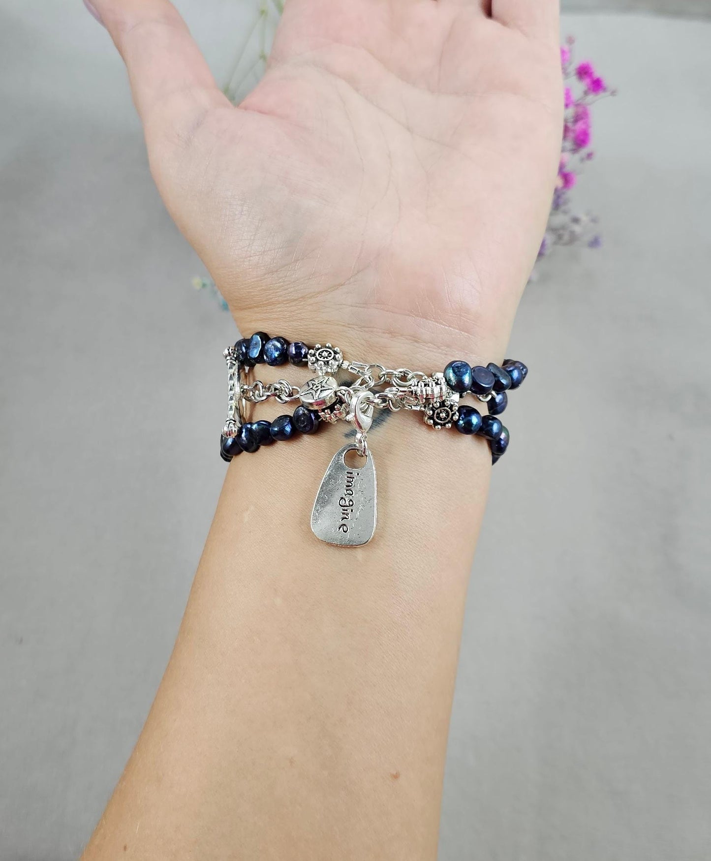 Handcrafted bracelet with labradorite and two rows of dark blue pearl beads