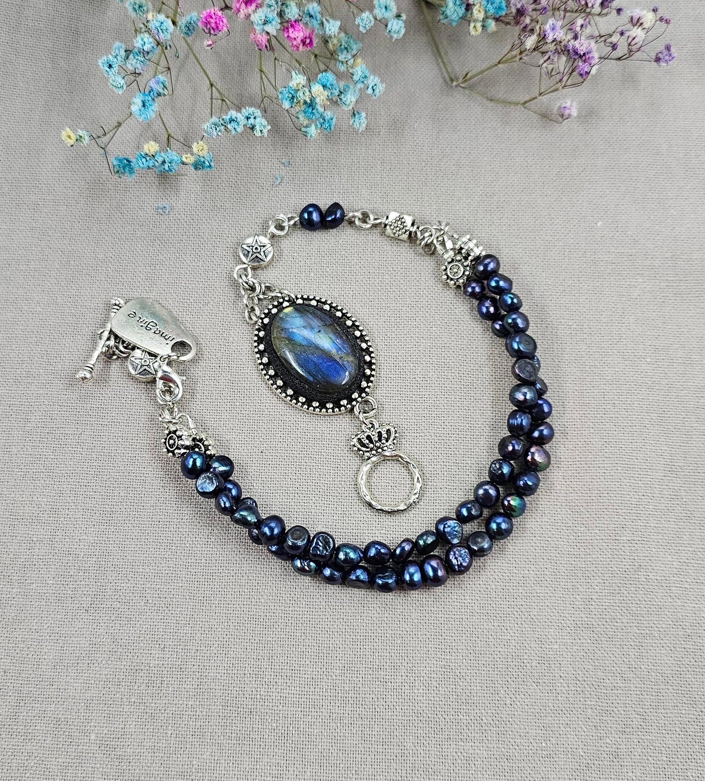 Handcrafted bracelet with labradorite and two rows of dark blue pearl beads