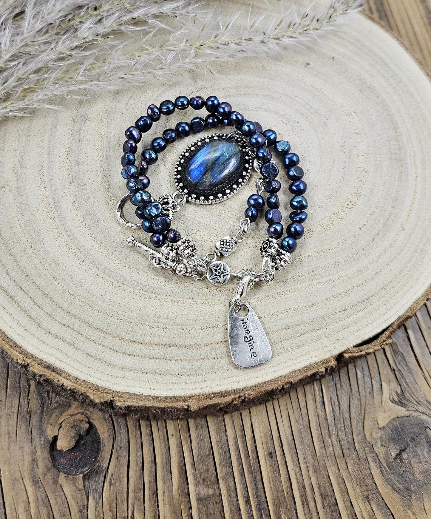 Handcrafted bracelet with labradorite and two rows of dark blue pearl beads