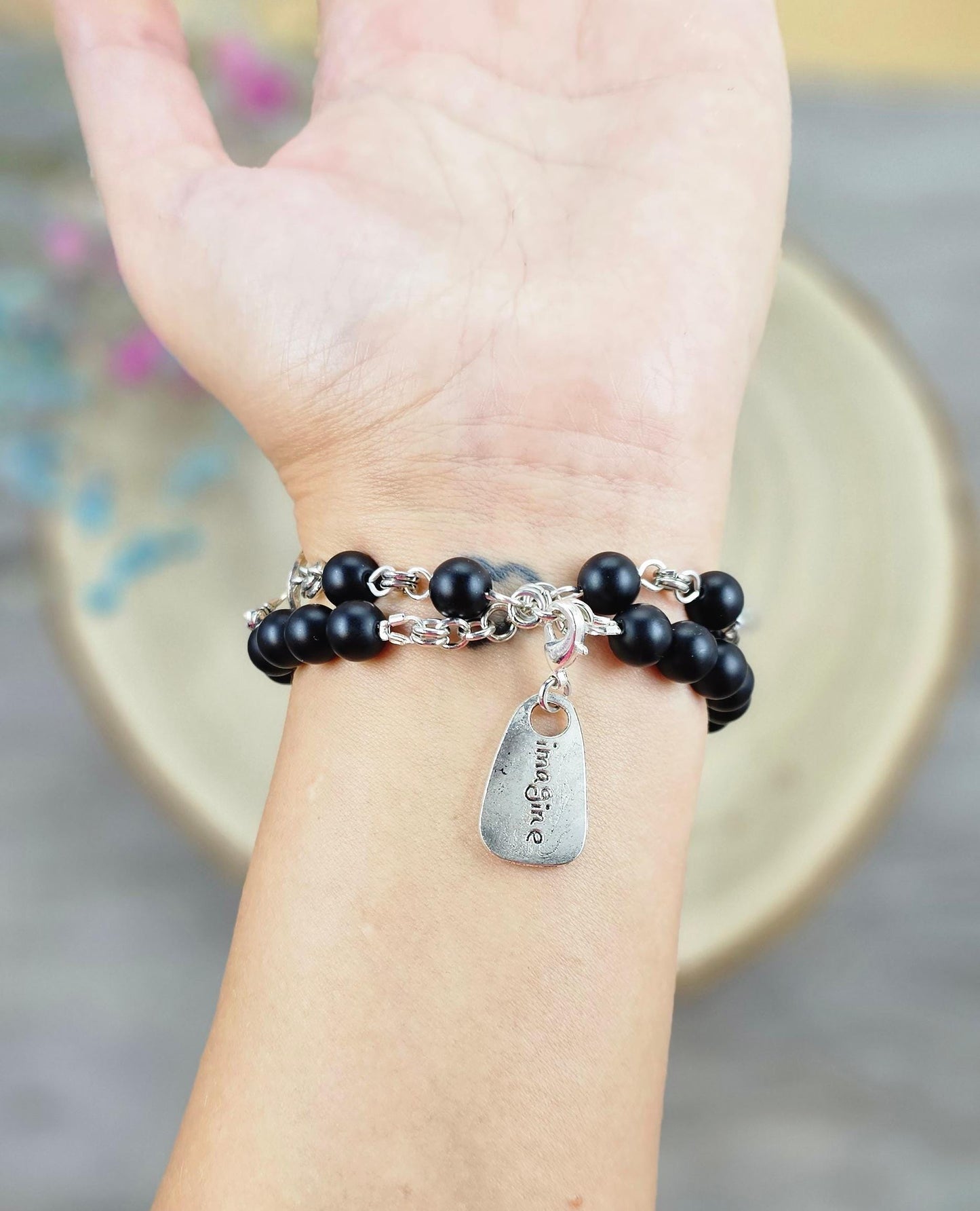 Unique one of a kind bracelet with blue labradorite and black hematite