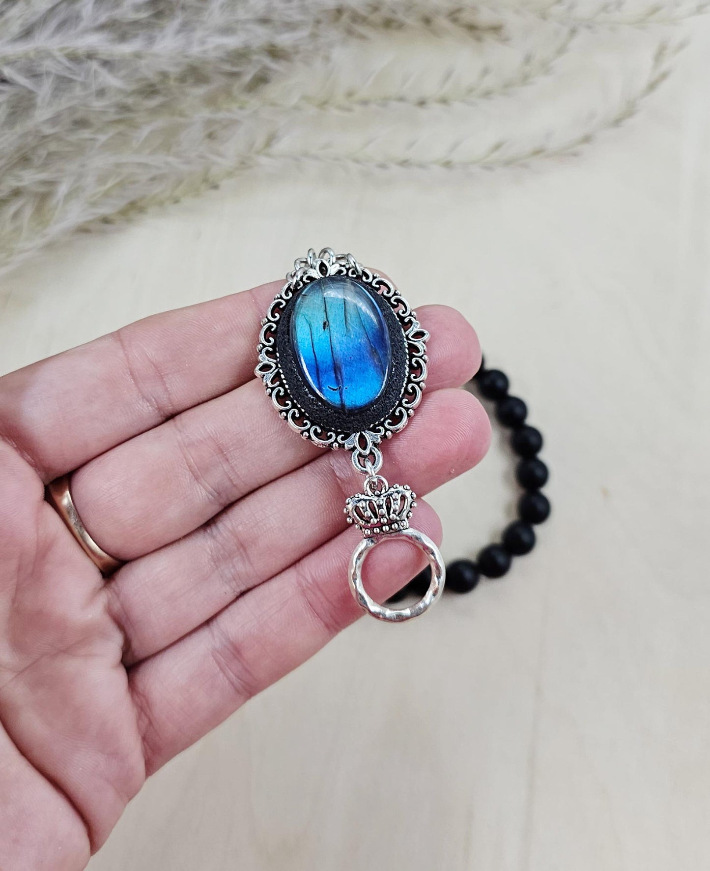 Unique one of a kind bracelet with blue labradorite and black hematite