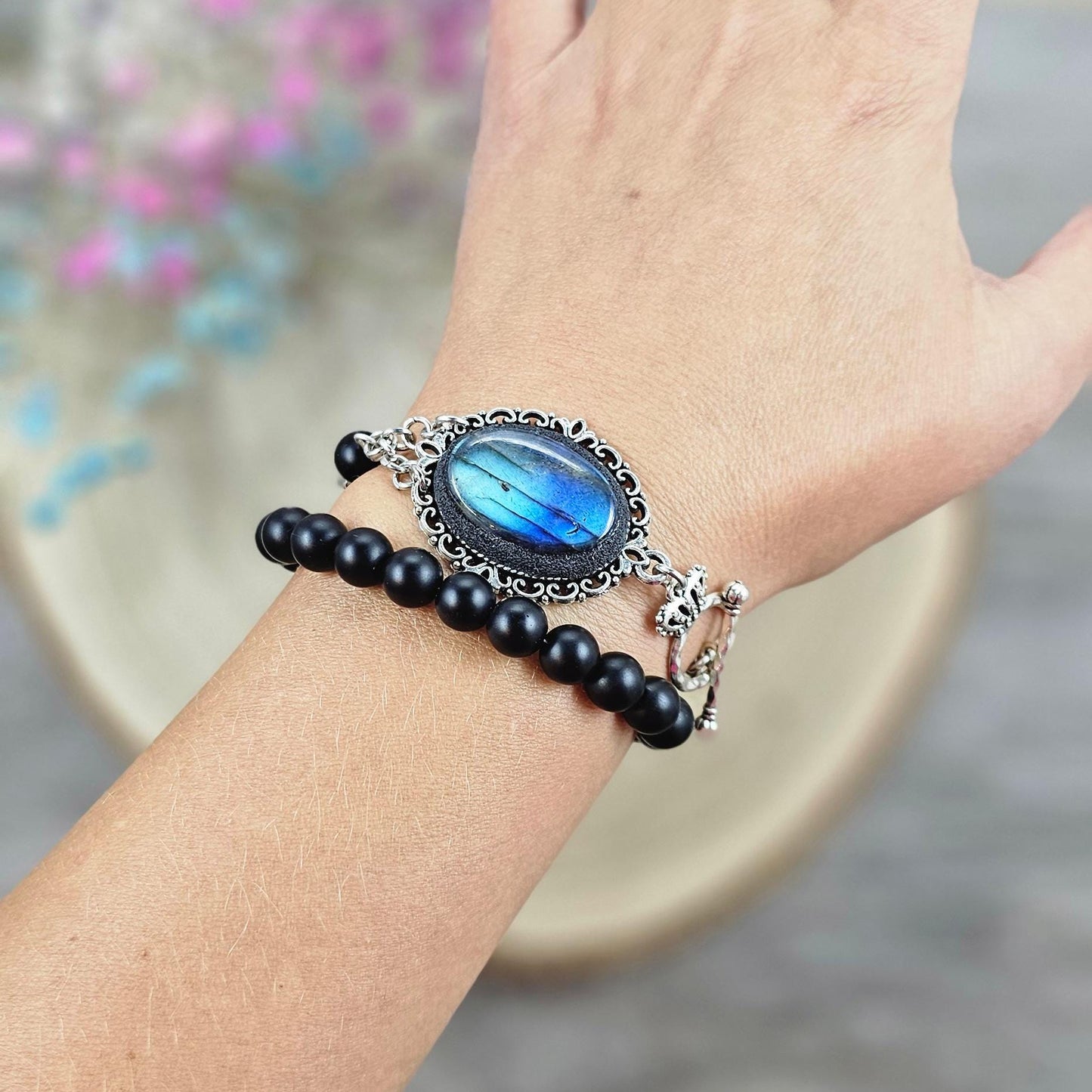 Unique one of a kind bracelet with blue labradorite and black hematite