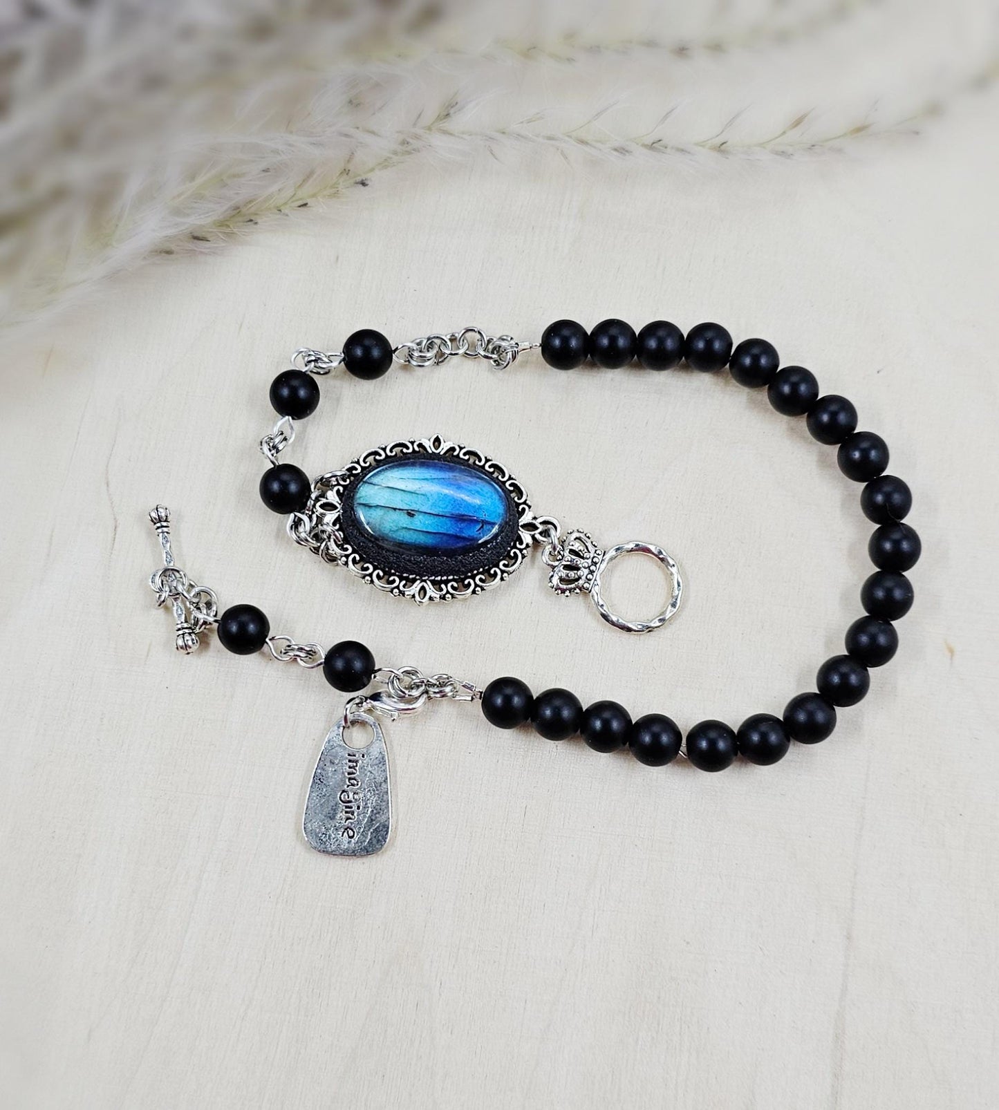 Unique one of a kind bracelet with blue labradorite and black hematite