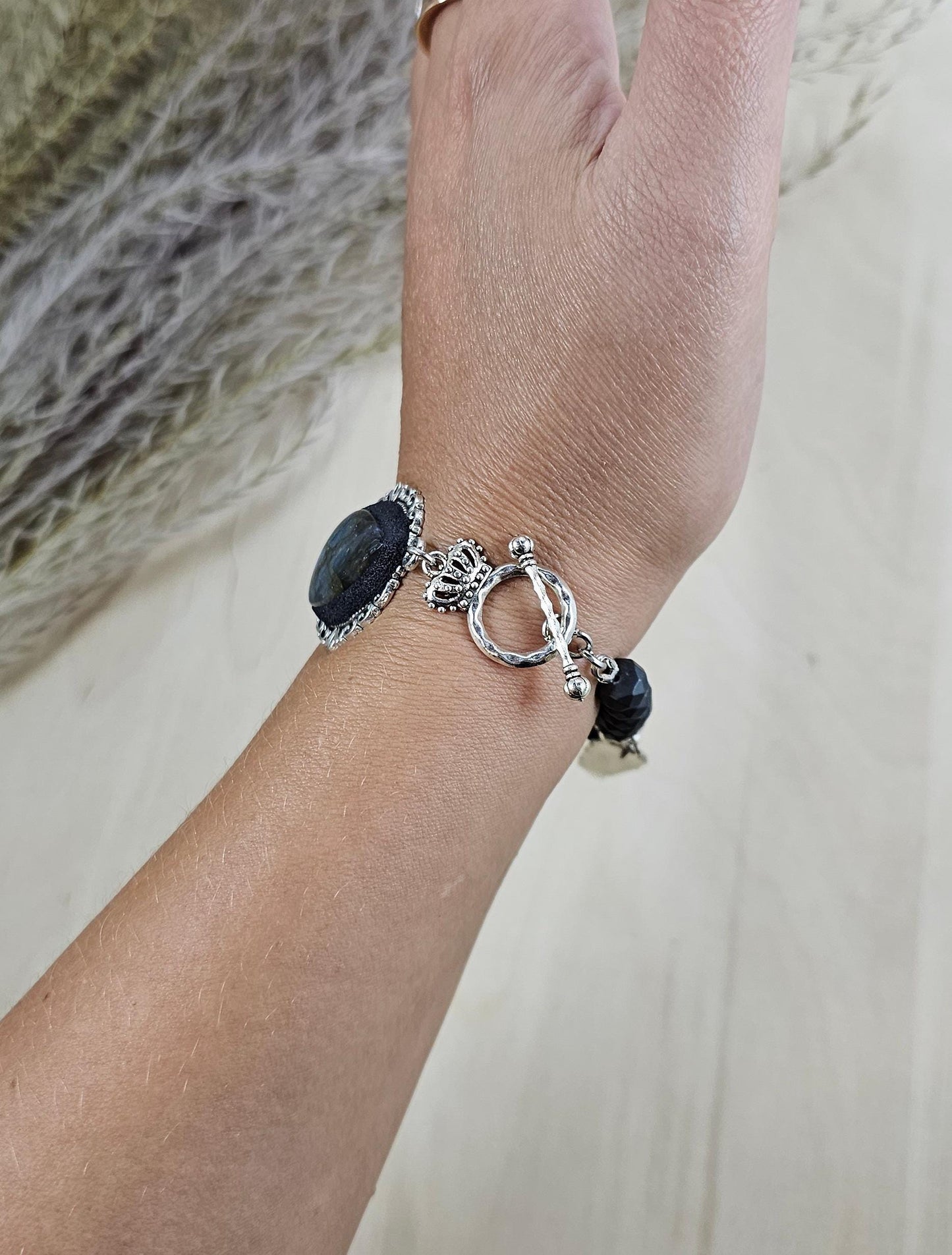 Handmade Elegant Labradorite and Hematite Bracelet - Silver Color Accented, Mystical Energy Jewelry