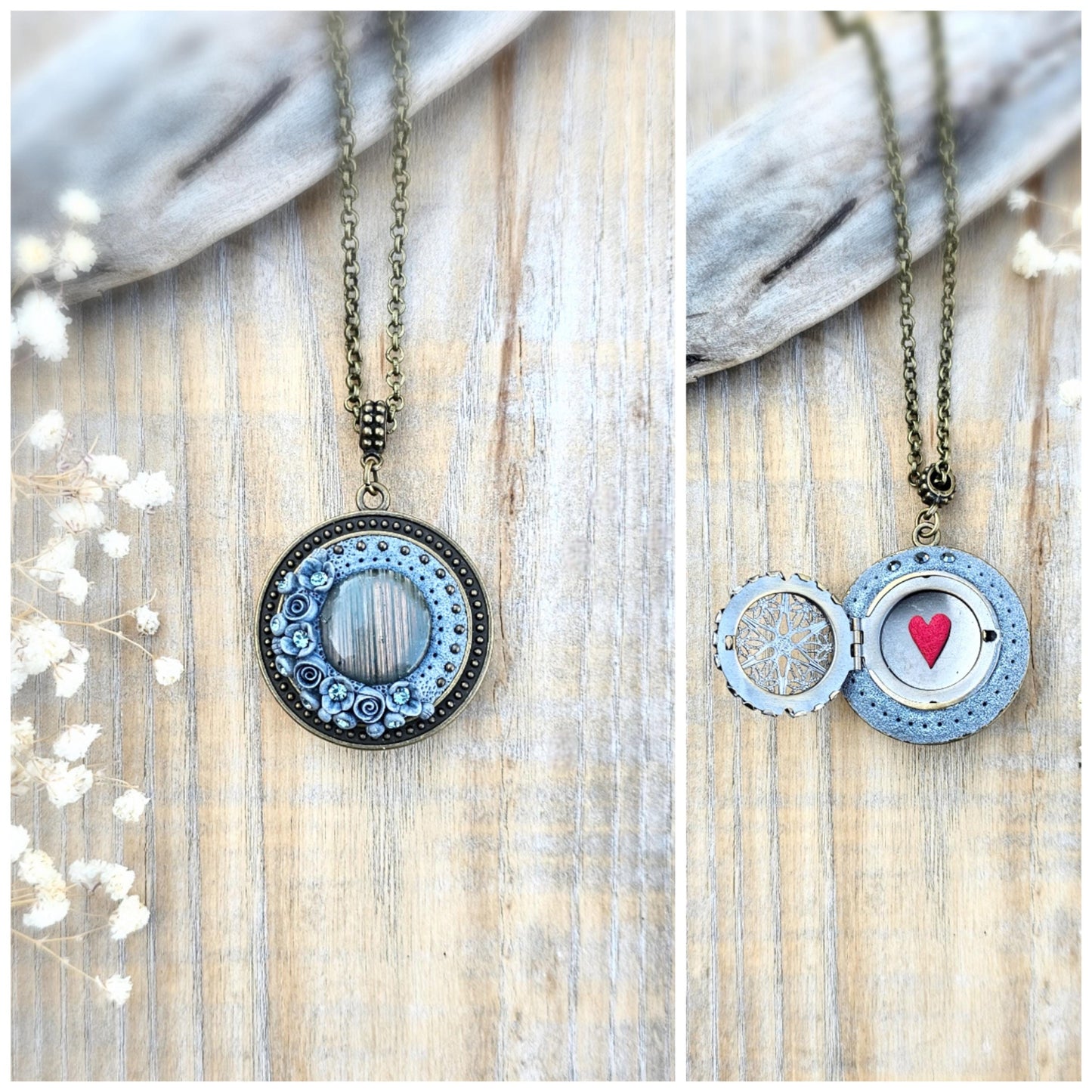 Handmade Double Sided Polymer Clay and Brown Labradorite Pendant Locket with Brass-Tone Metal, Perfect Protective Medallion Amulet