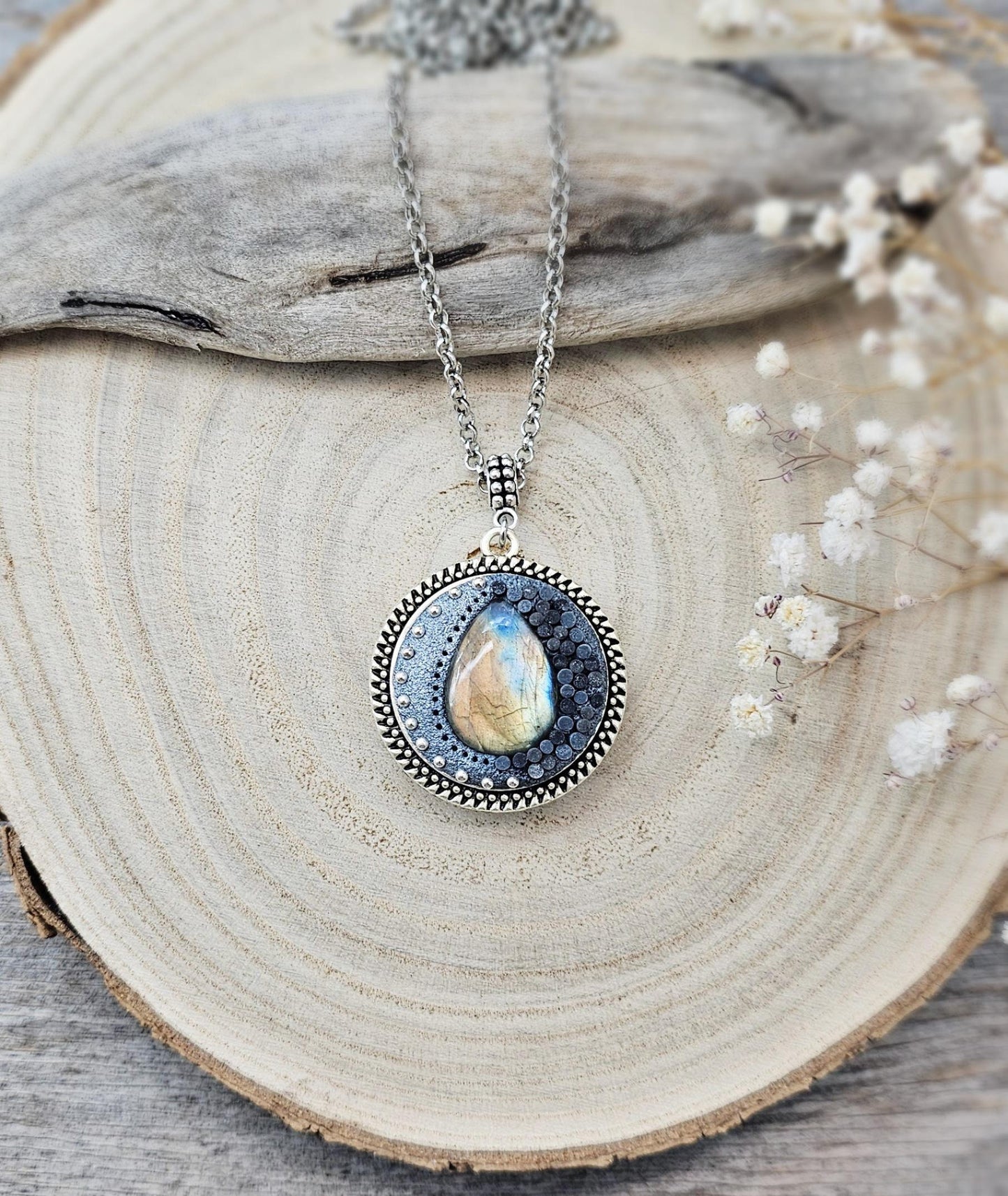 wonderful talisman, amulet. Handmade pendant with labradorite. Jewelry for a photo. Jewelry for essential oil. Blue Labradorite. Dark blue flowers made of polymer clay