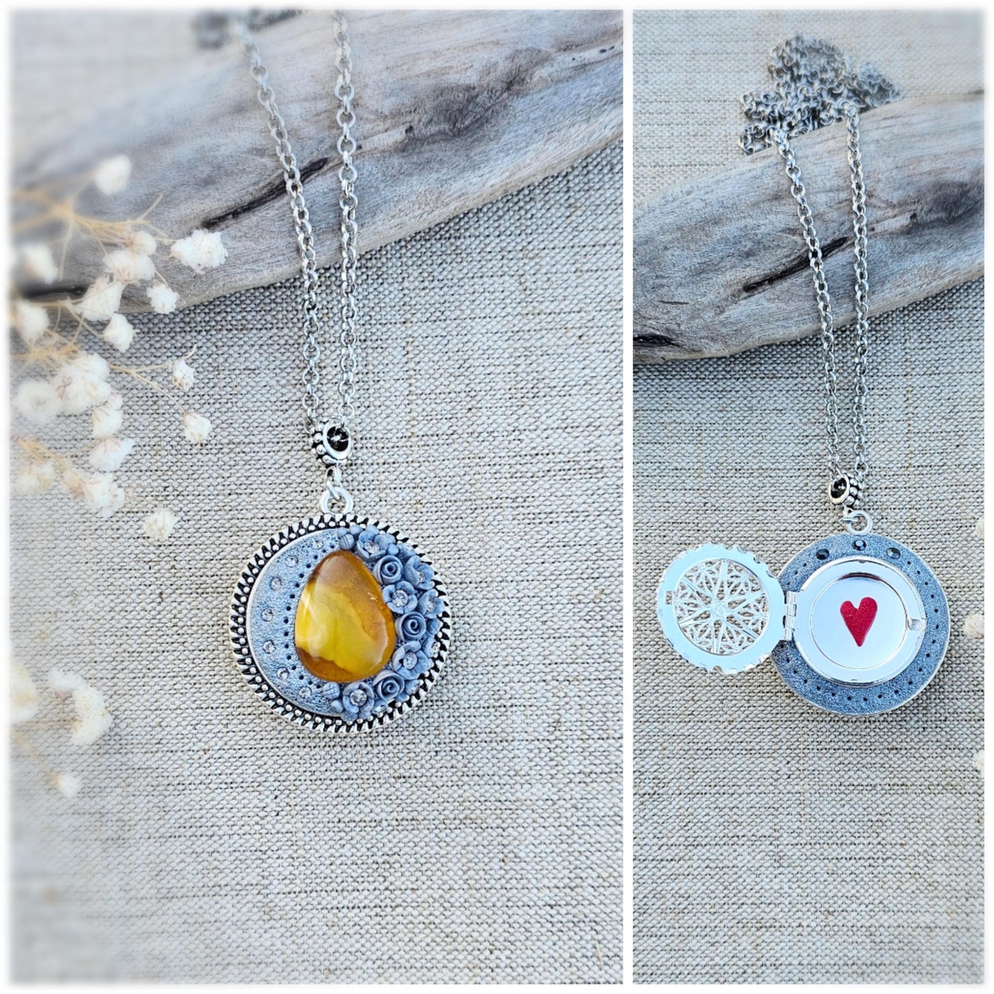 Handmade Double Sided Baltic Amber Pendant Locket with Silver Tone Metal, Perfect Medallion for Photo or Essential Oil