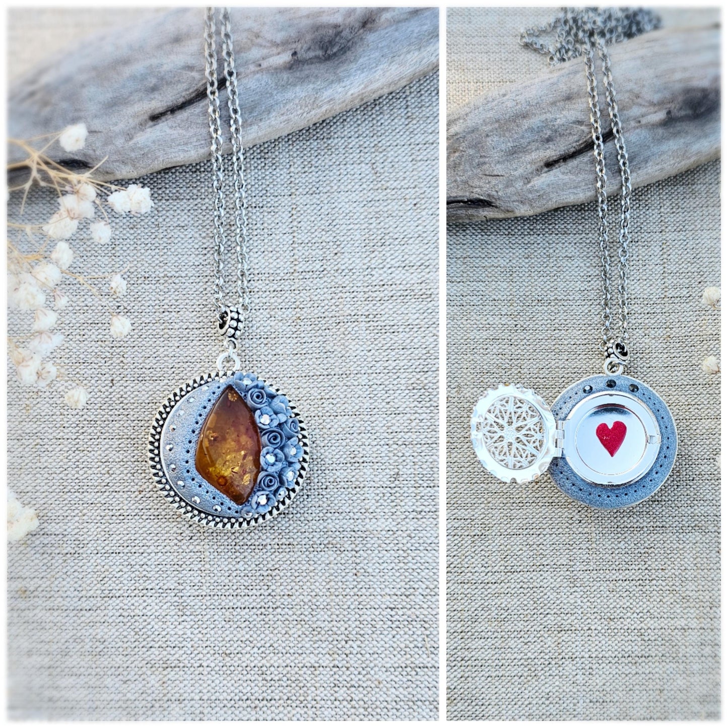 Handmade Double Sided Baltic Amber Pendant Locket with Silver Tone Metal, Perfect Medallion for Photo or Essential Oil