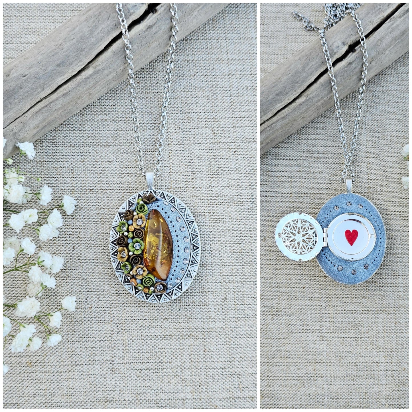 Double Sided Baltic Amber Polymer Clay Pendant Locket with Silver Tone Metal, Perfect Medallion for Photo or Essential Oil