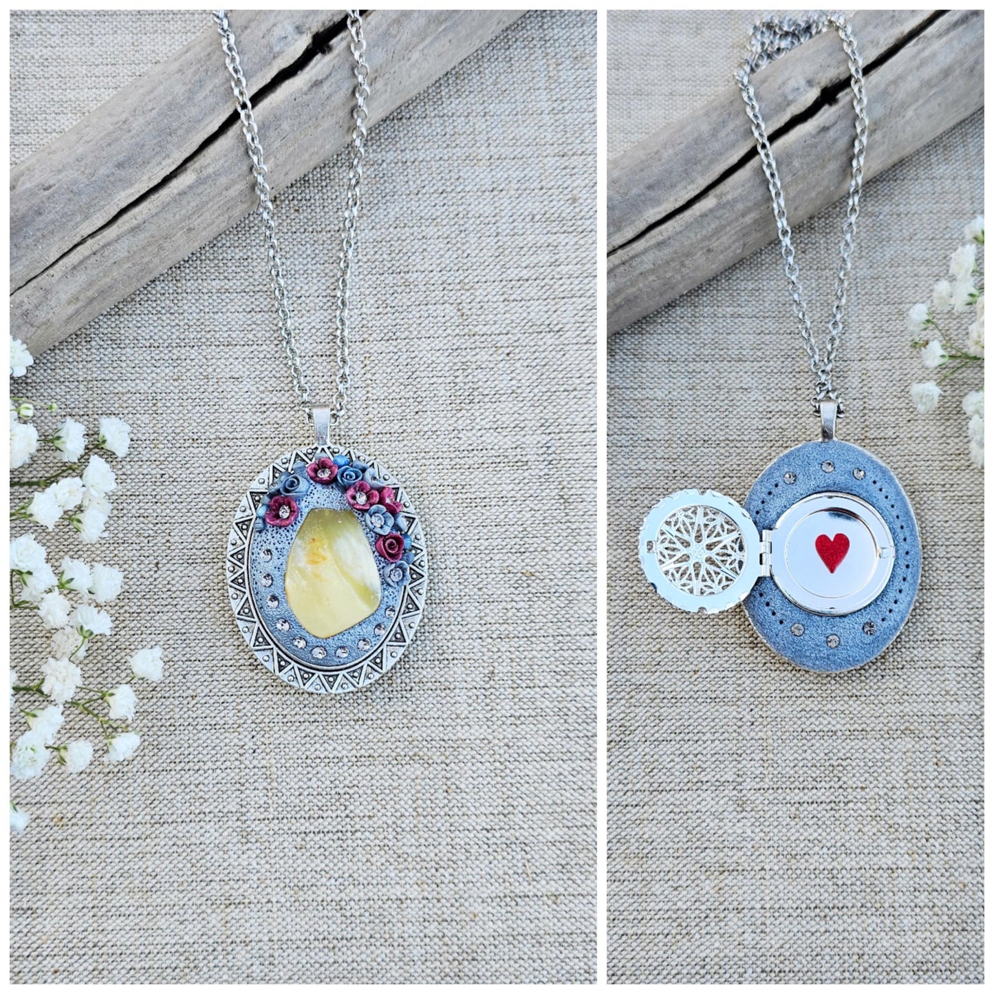 Double Sided Baltic Amber Polymer Clay Pendant Locket with Silver Tone Metal, Perfect Medallion for Photo or Essential Oil