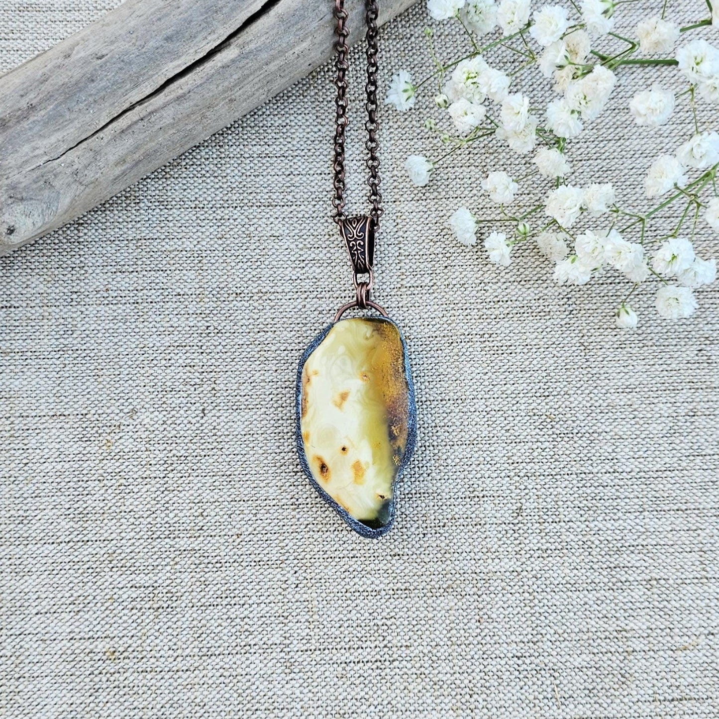 Baltic Amber Polymer Clay Pendant with Cooper chain and Heart on other side