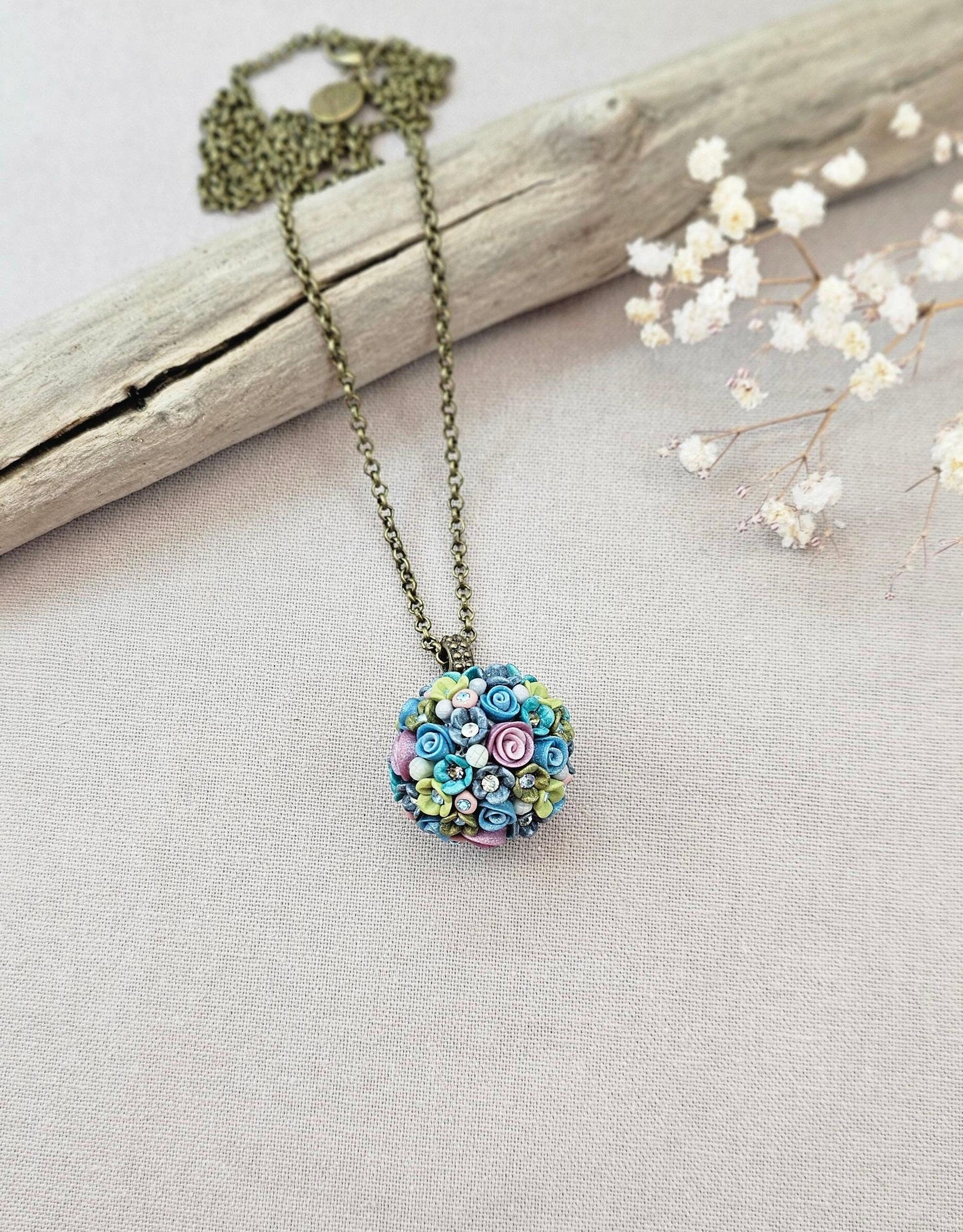 Pastel Blue and Lavender Floral Polymer Clay Pendant on Brass Chain