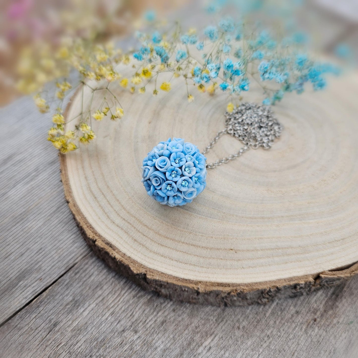 Handcrafted Polymer Clay Pendant - Blue Flower Ball Necklace with Crystals - Unique Floral Jewelry on Adjustable Chain