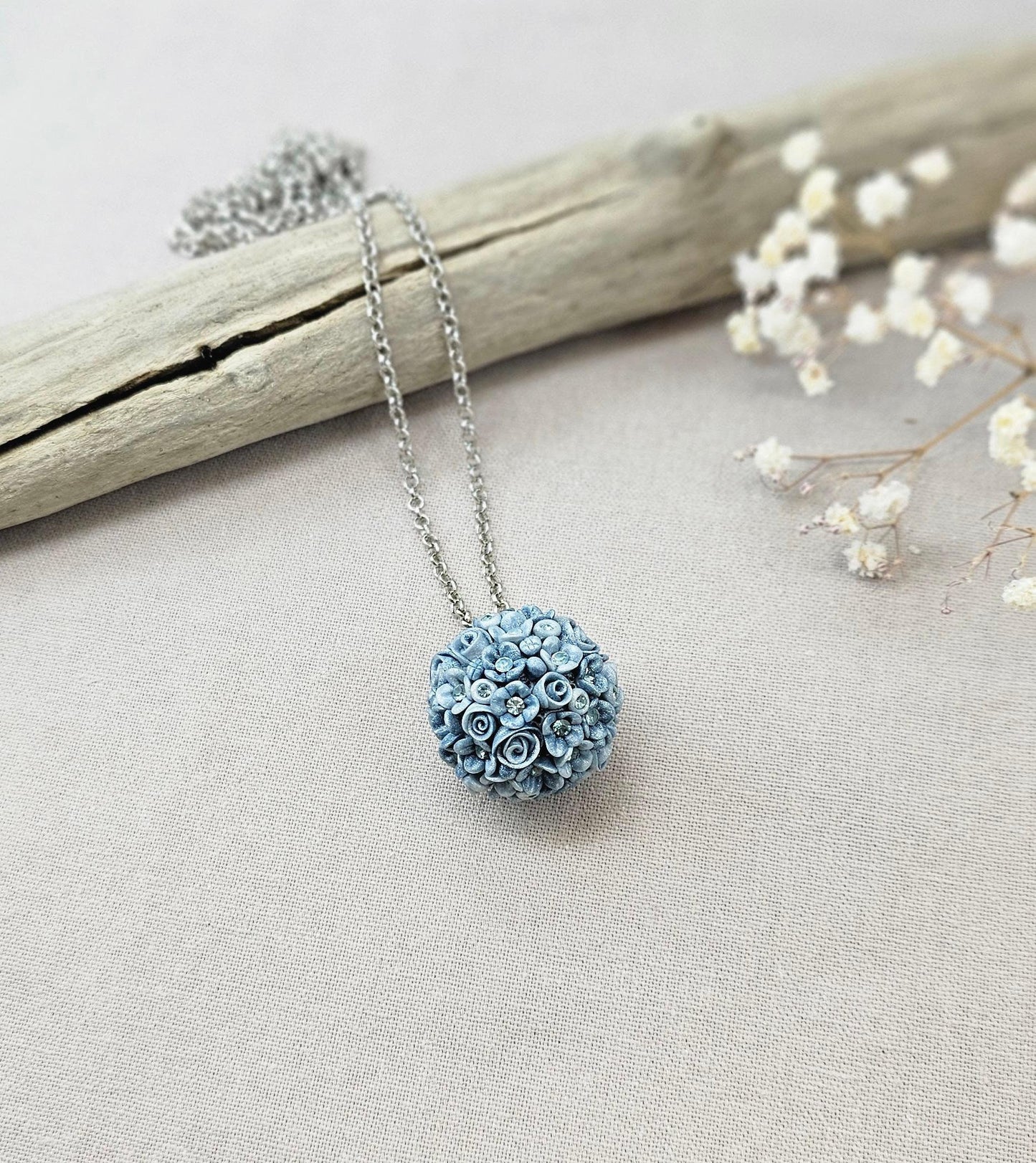 Elegant Grey Floral Polymer Clay Pendant with Crystals – Handmade Flower Jewelry on Metal Chain