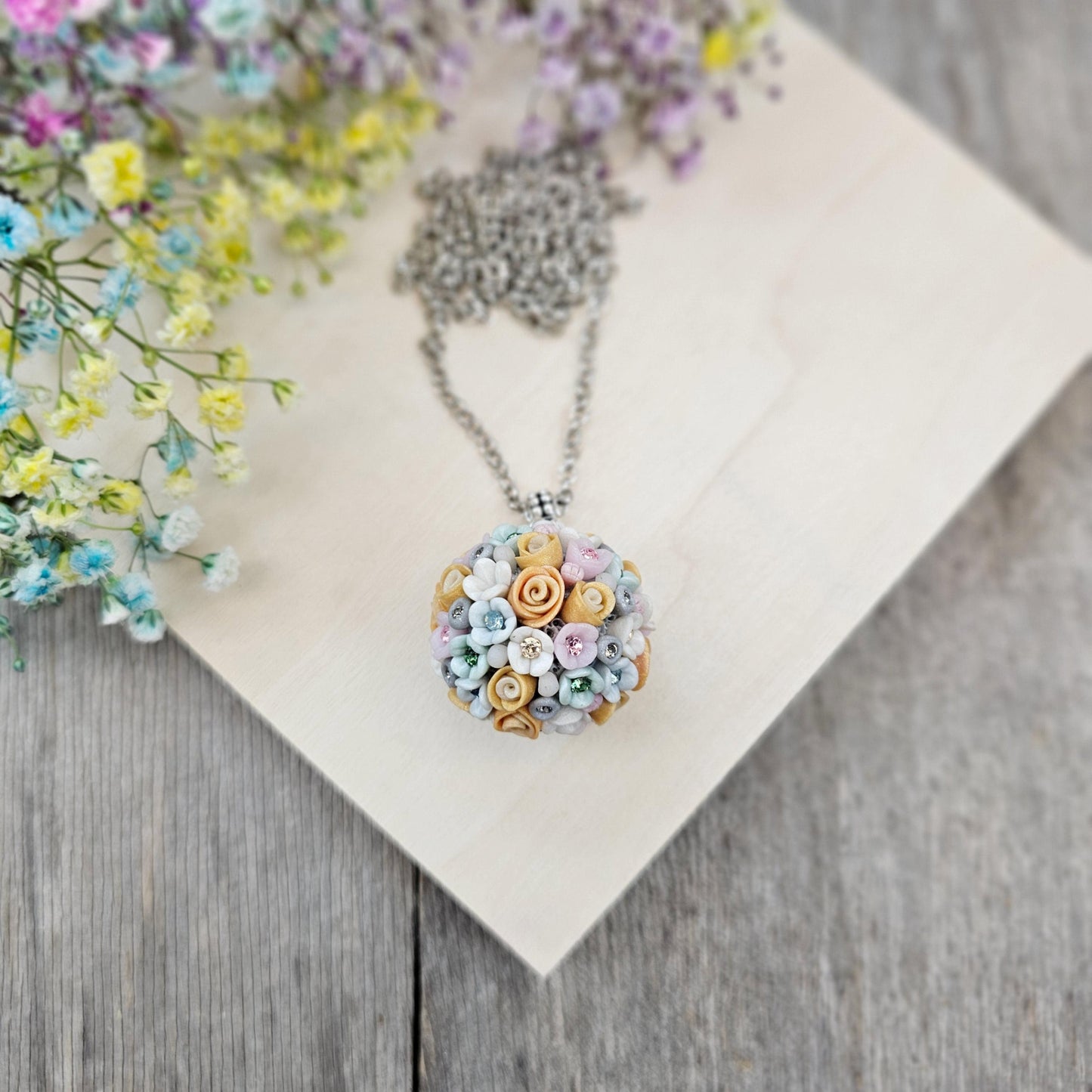 Pastel Bouquet Polymer Clay Pendant with Crystals on Metal Chain – Handmade Floral Jewelry