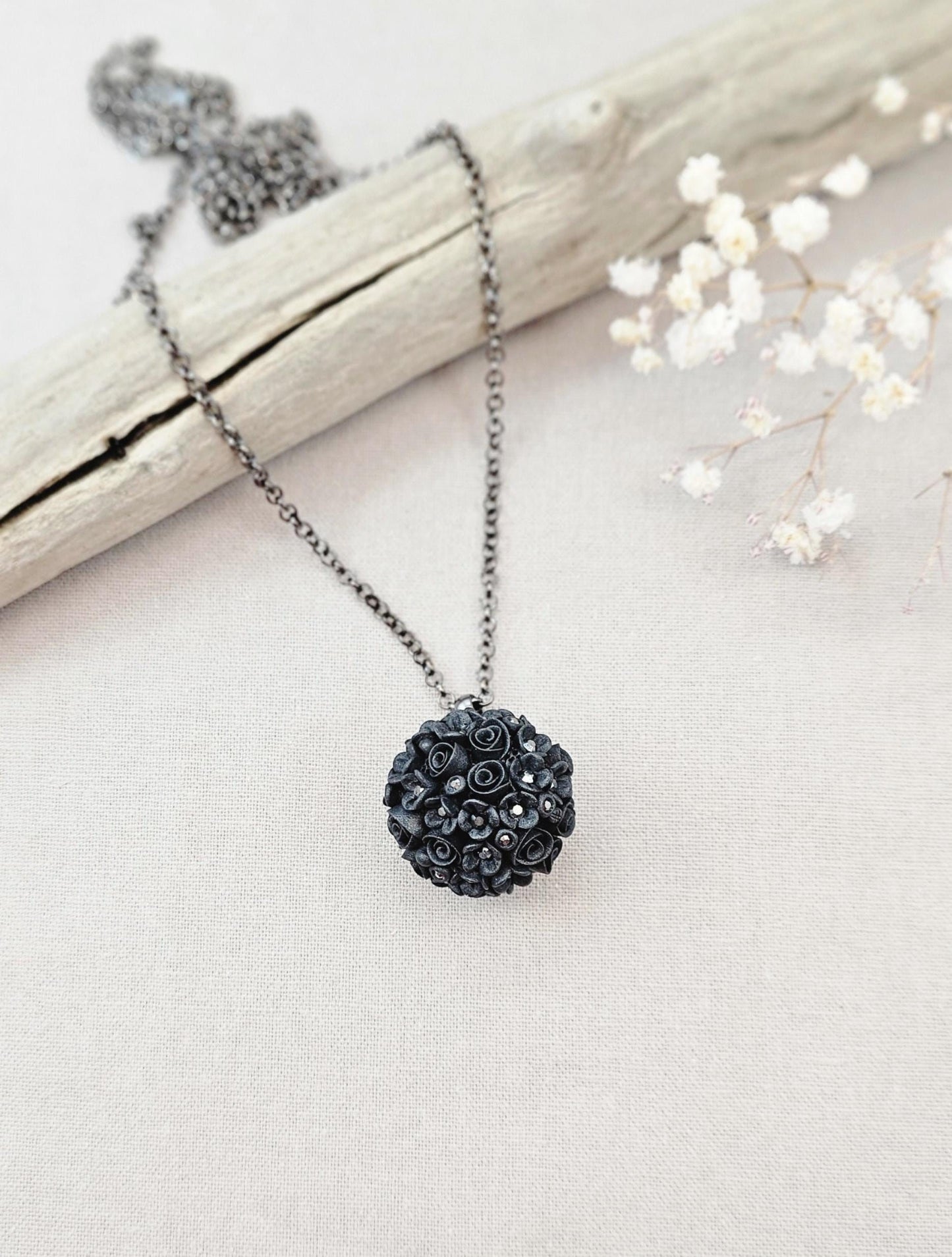 Elegant Black Floral Polymer Clay Pendant with Crystals – Handmade Flower Jewelry on Metal Chain