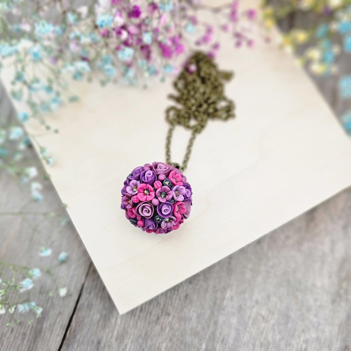 Purple Floral Polymer Clay Pendant on Brass Chain