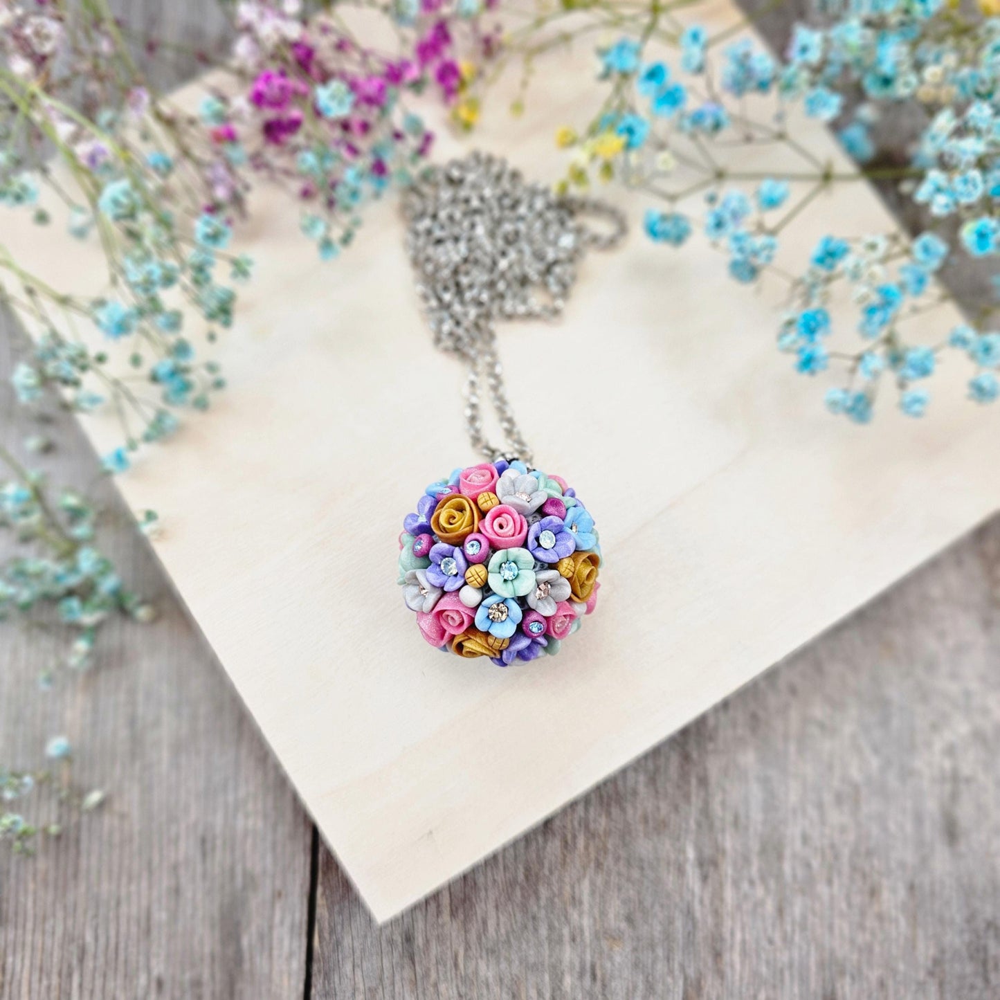 Colorful Spring Blossom Polymer Clay Ball Pendant on Silver color Metal Chain