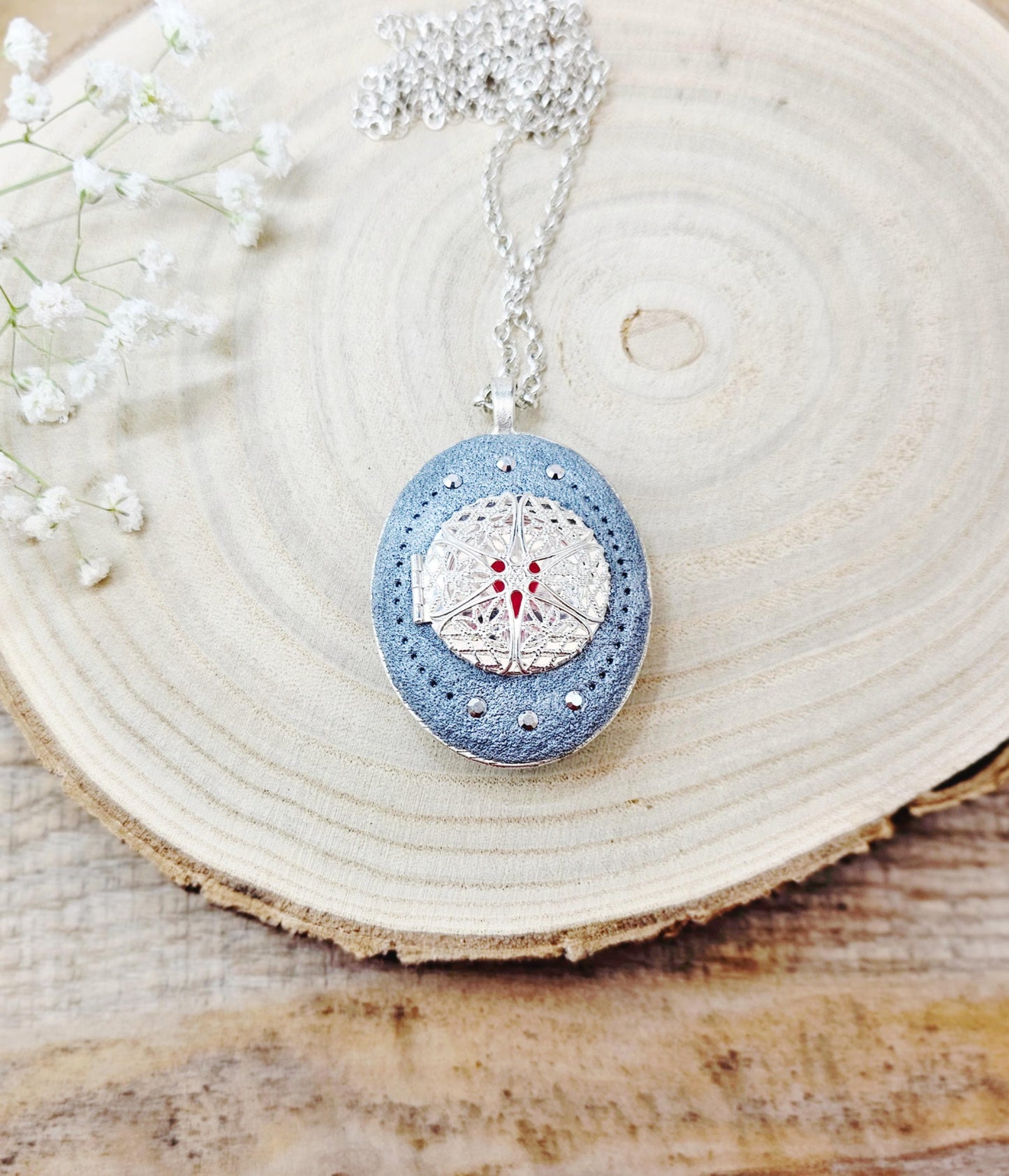 Double-sided Pendant locket with baltic amber and polymer clay flowers