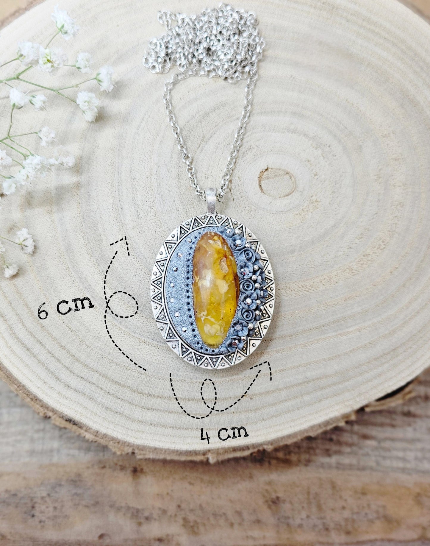 Double-sided Pendant locket with baltic amber and polymer clay flowers