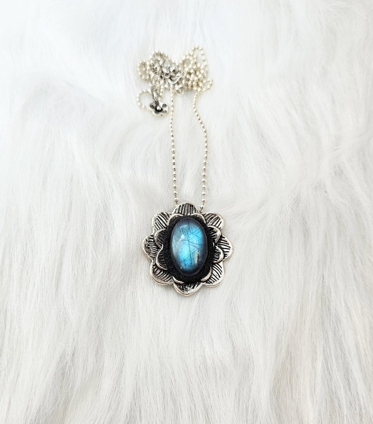 One of a kind Unique Pendant with Labradorite and Heart on the other side, Short Metal Chain