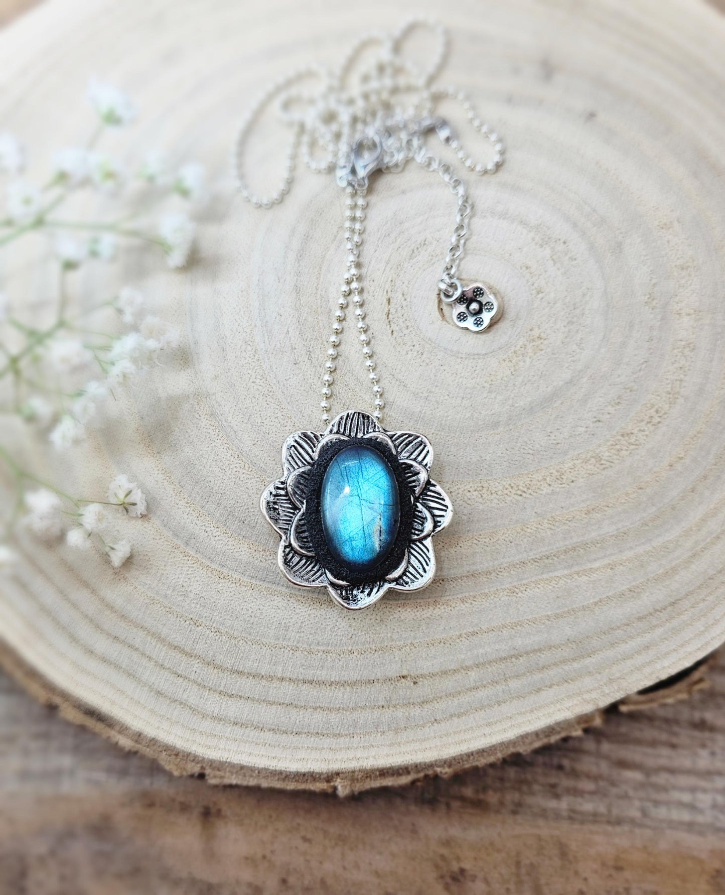 One of a kind Unique Pendant with Labradorite and Heart on the other side, Short Metal Chain