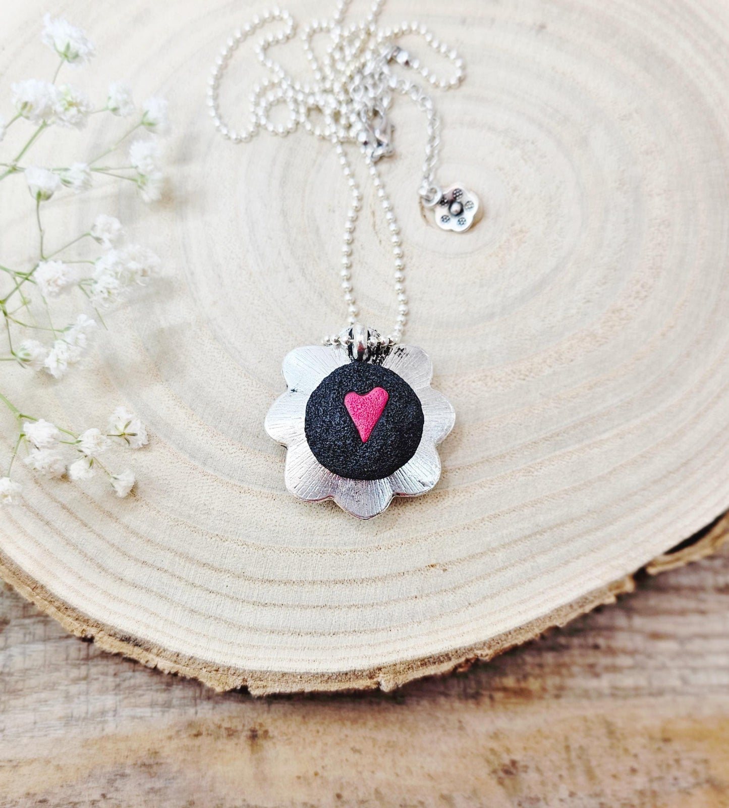 One of a kind Unique Pendant with Labradorite and Heart on the other side, Short Metal Chain