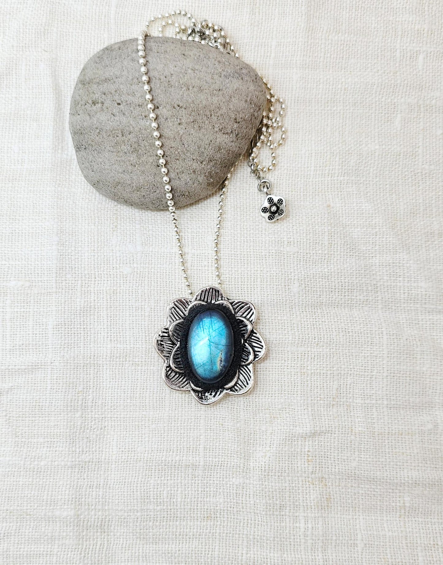 One of a kind Unique Pendant with Labradorite and Heart on the other side, Short Metal Chain