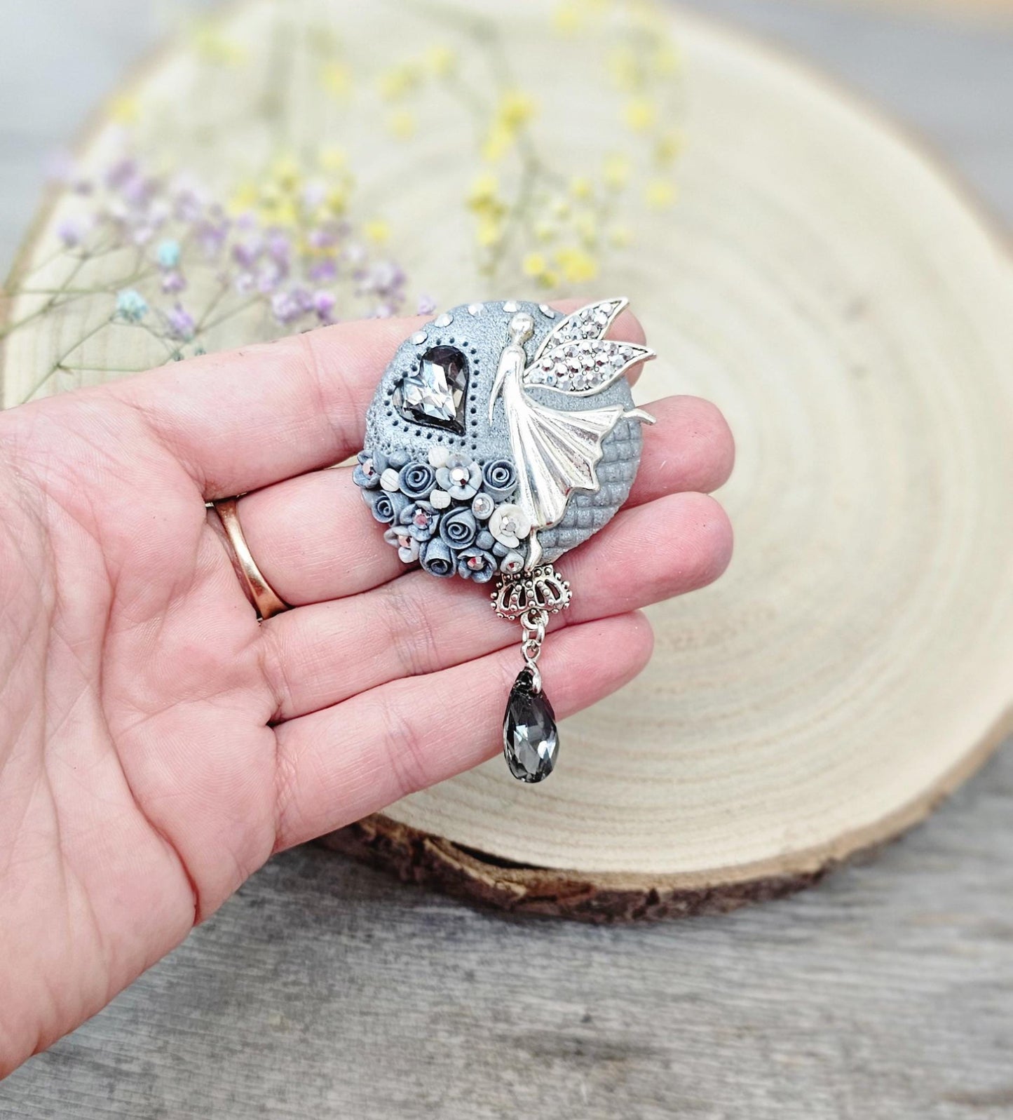 handmade polymer clay brooch with flowers, crystals and heart. Flower jewelry.