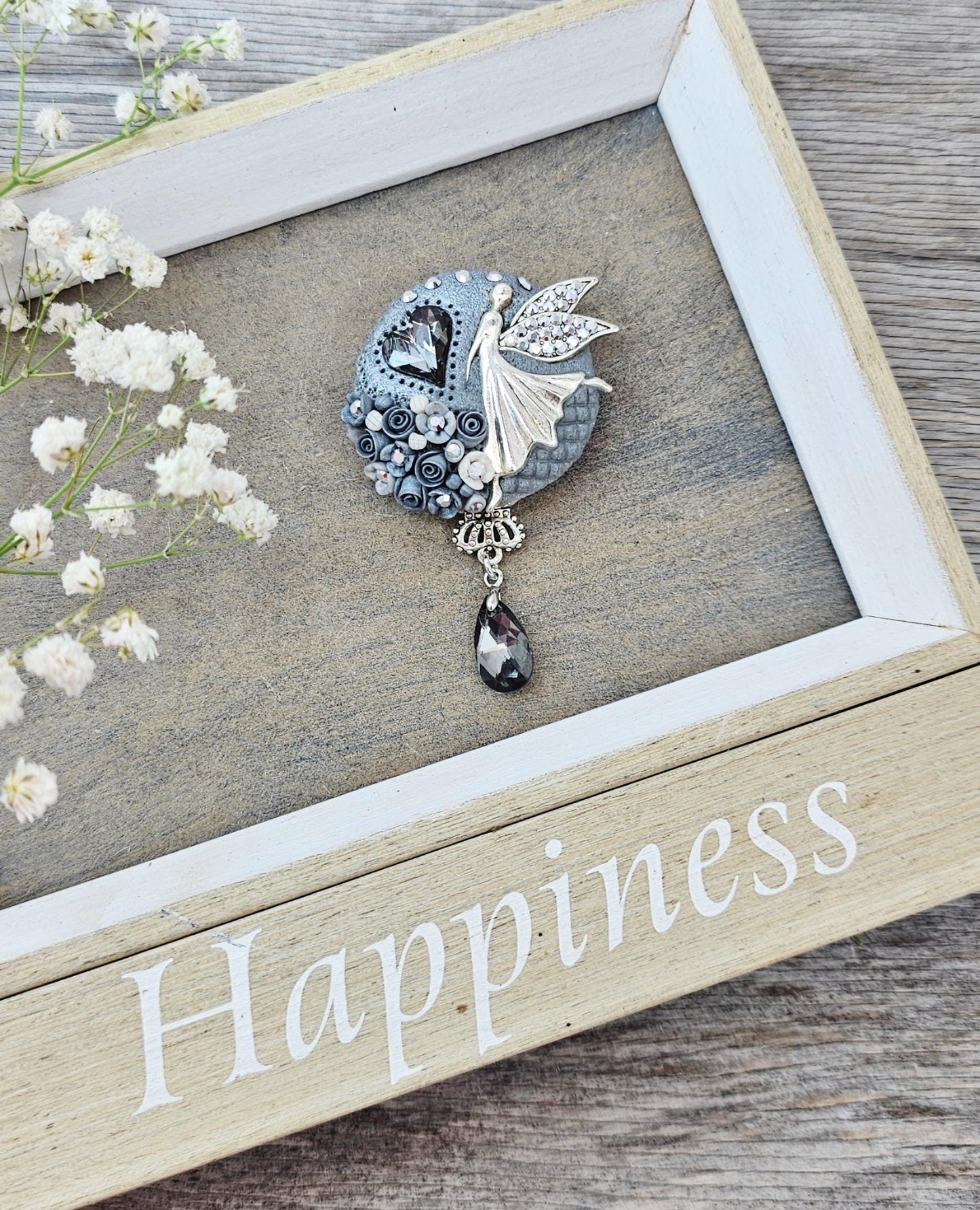 handmade polymer clay brooch with flowers, crystals and heart. Flower jewelry.