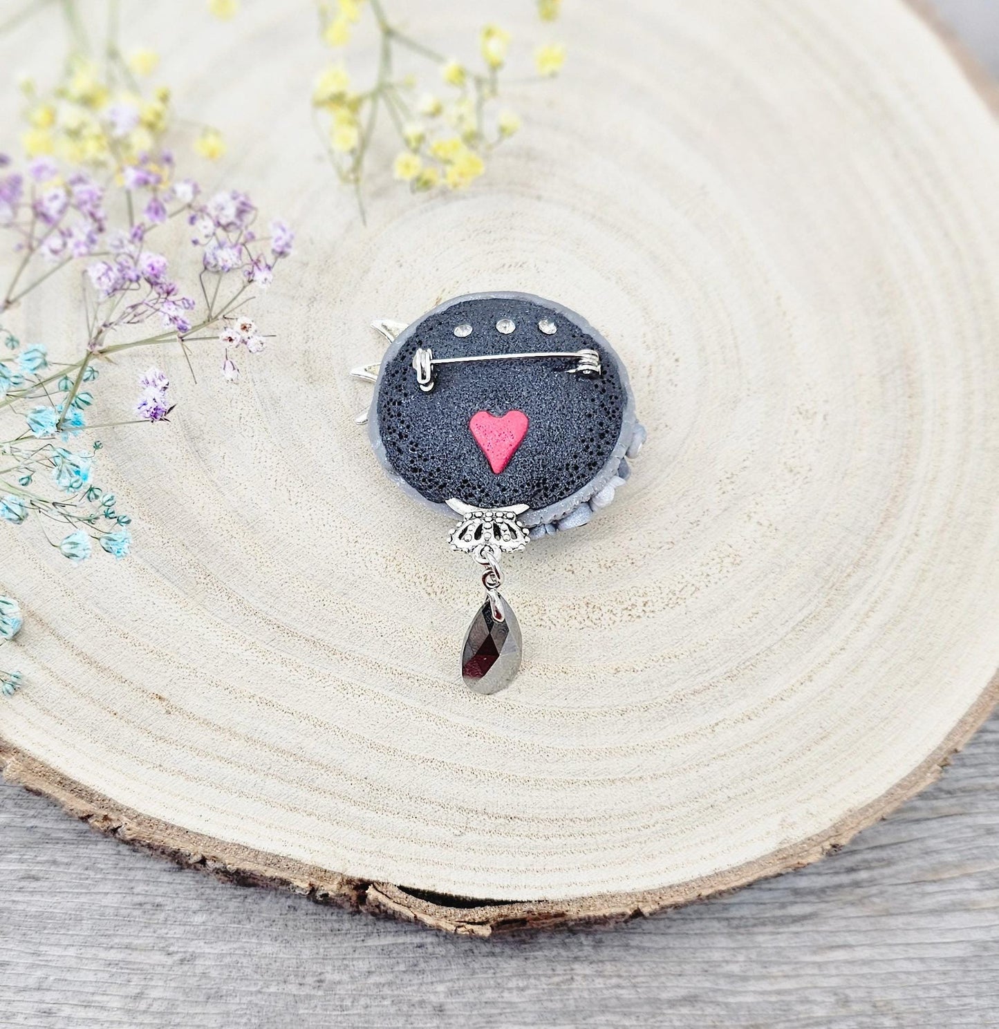 handmade polymer clay brooch with flowers, crystals and heart. Flower jewelry.
