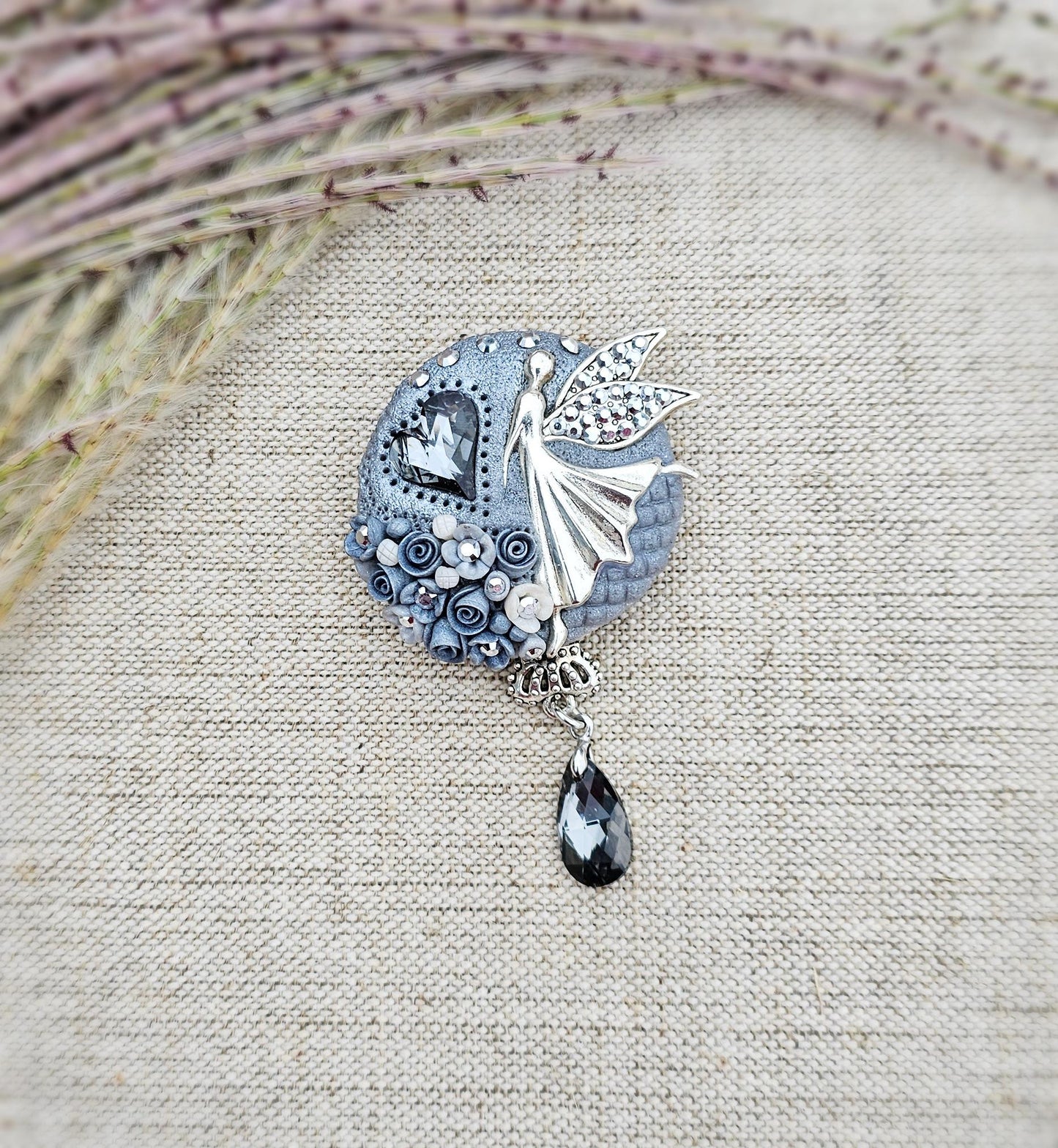 handmade polymer clay brooch with flowers, crystals and heart. Flower jewelry.