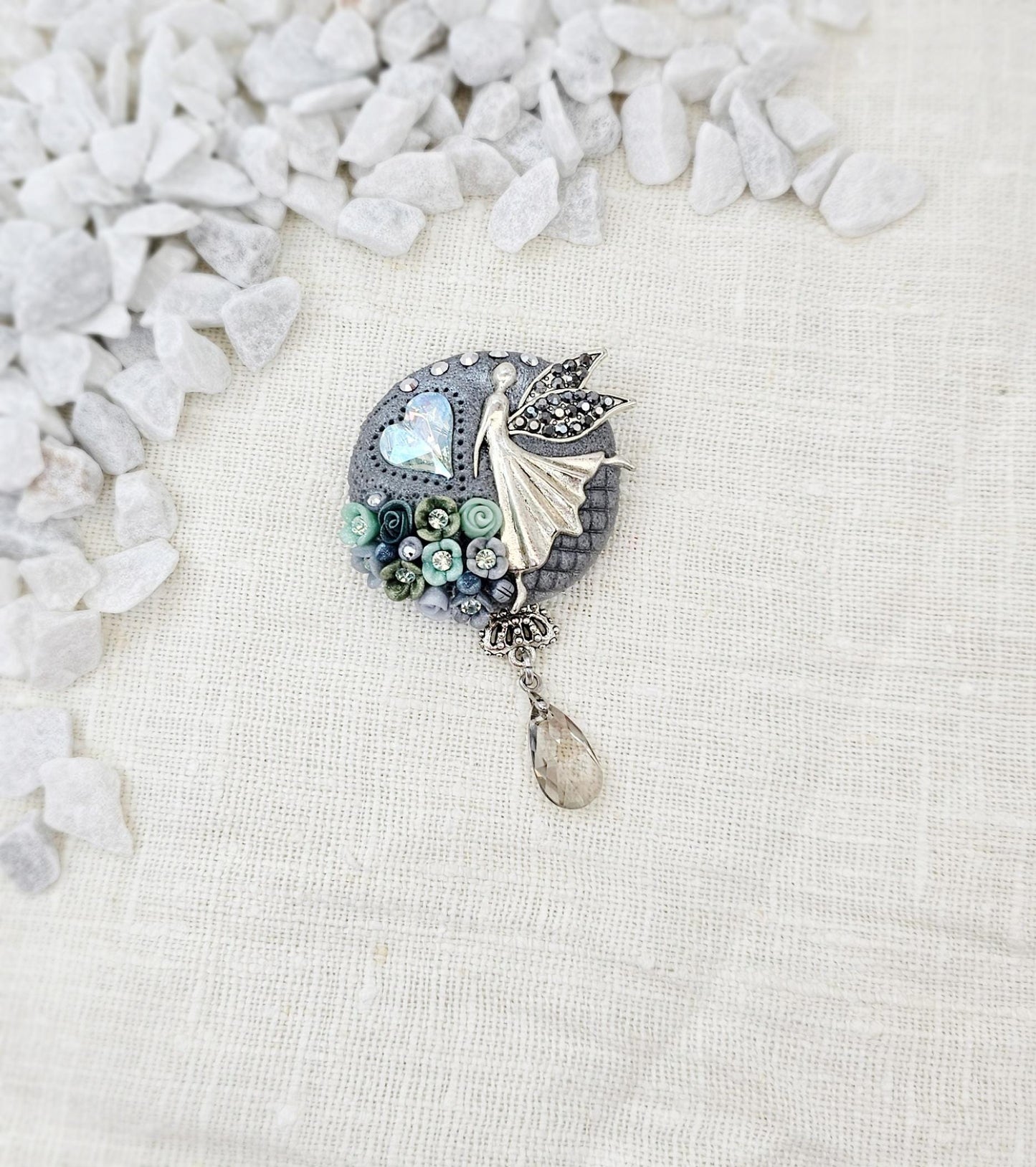 handmade polymer clay brooch with flowers, crystals and heart. Flower jewelry.
