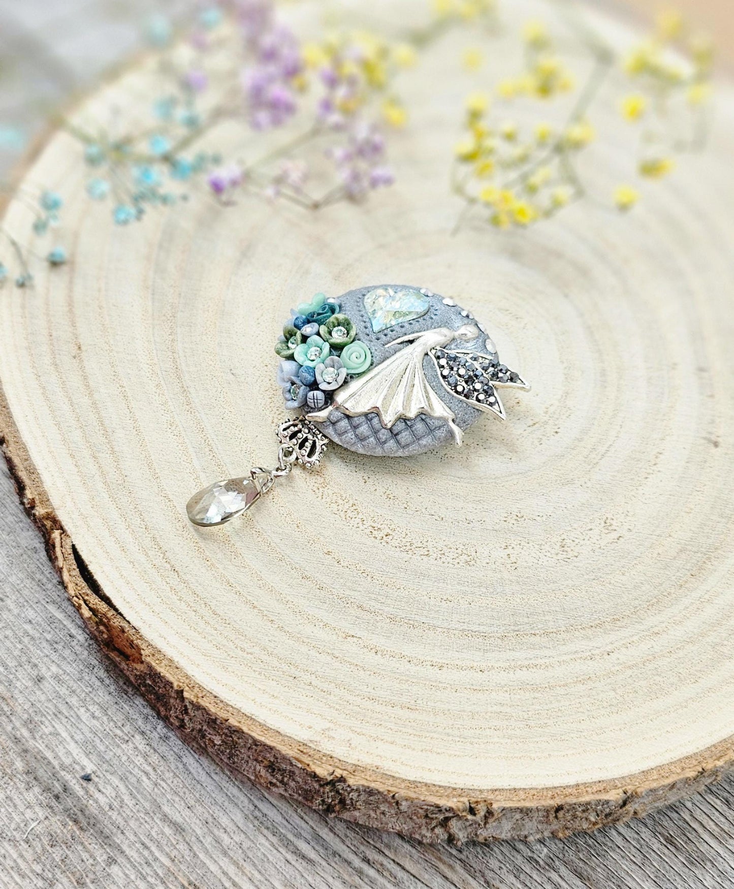 handmade polymer clay brooch with flowers, crystals and heart. Flower jewelry.