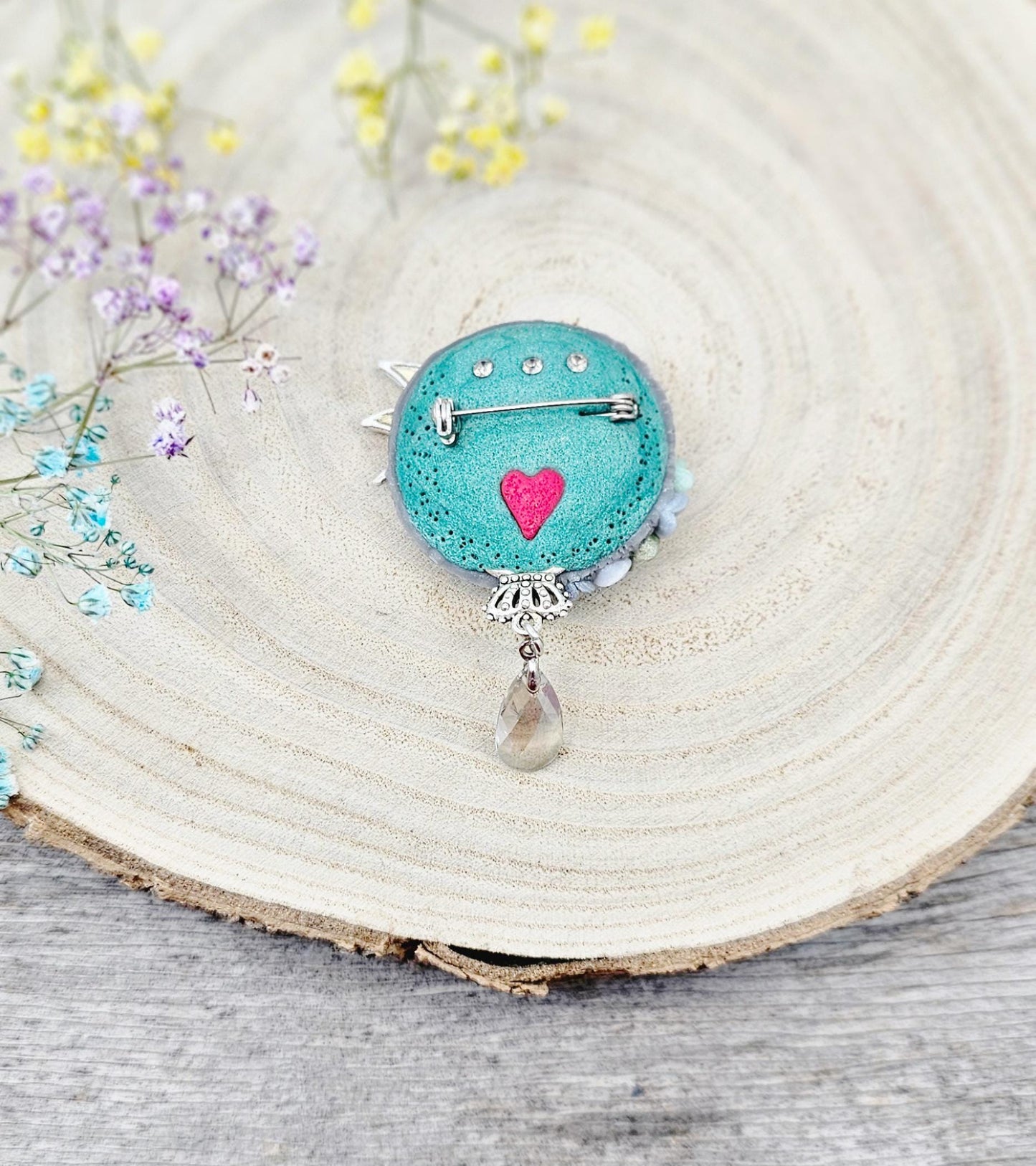 handmade polymer clay brooch with flowers, crystals and heart. Flower jewelry.