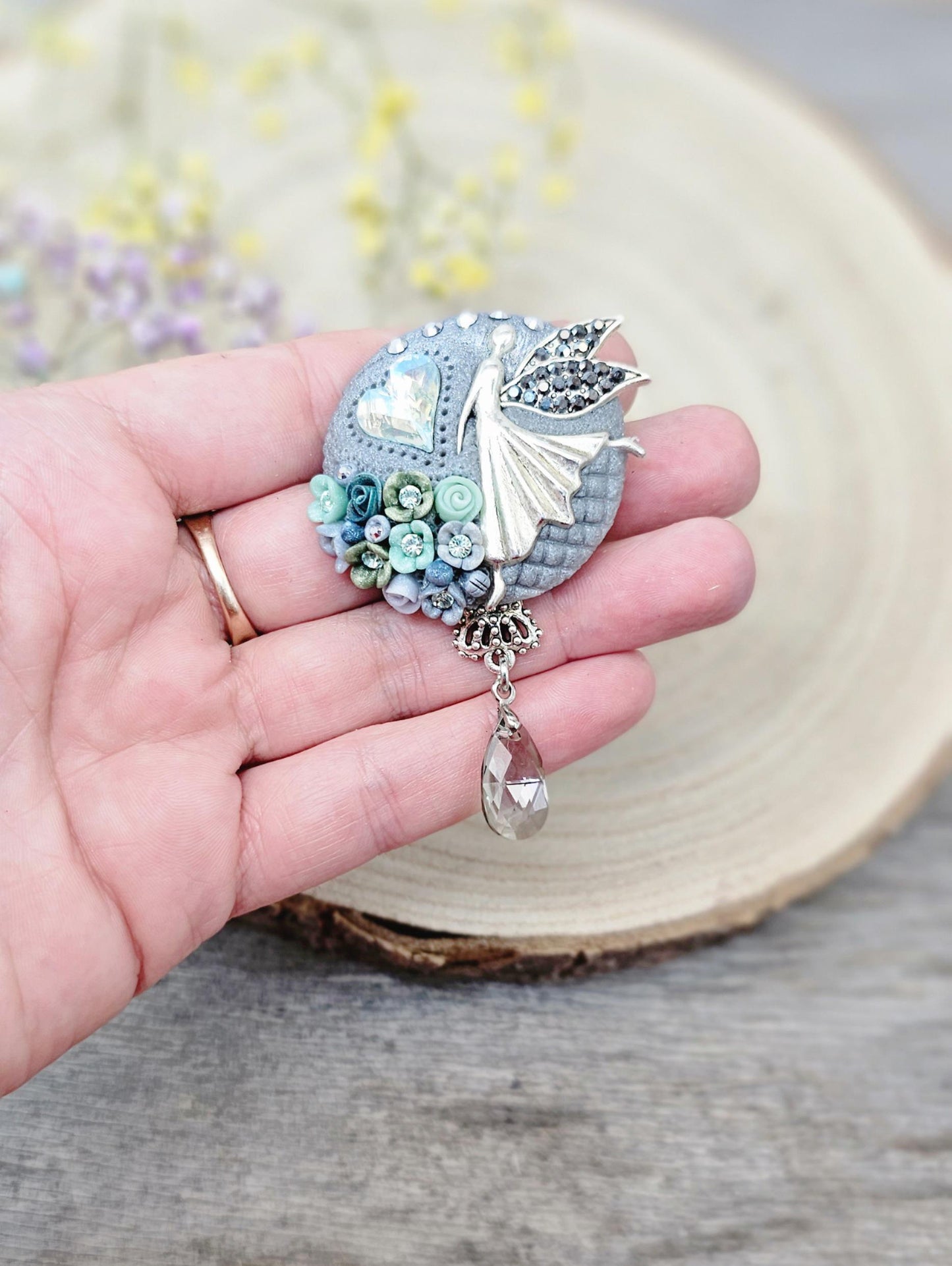 handmade polymer clay brooch with flowers, crystals and heart. Flower jewelry.