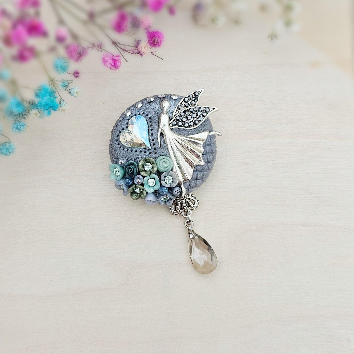handmade polymer clay brooch with flowers, crystals and heart. Flower jewelry.