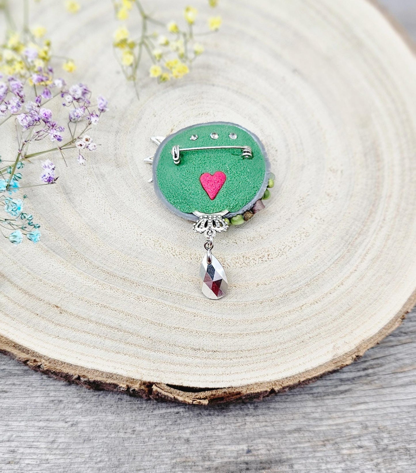 handmade polymer clay brooch with flowers, crystals and heart. Flower jewelry.