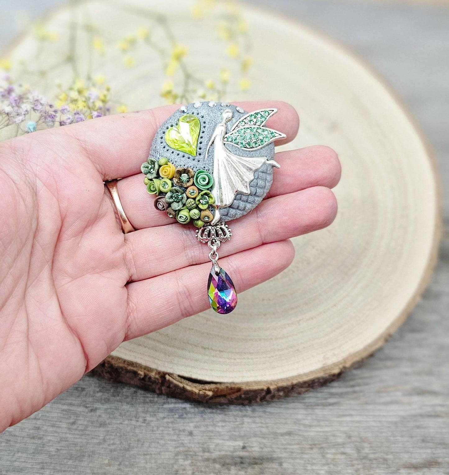 handmade polymer clay brooch with flowers, crystals and heart. Flower jewelry.