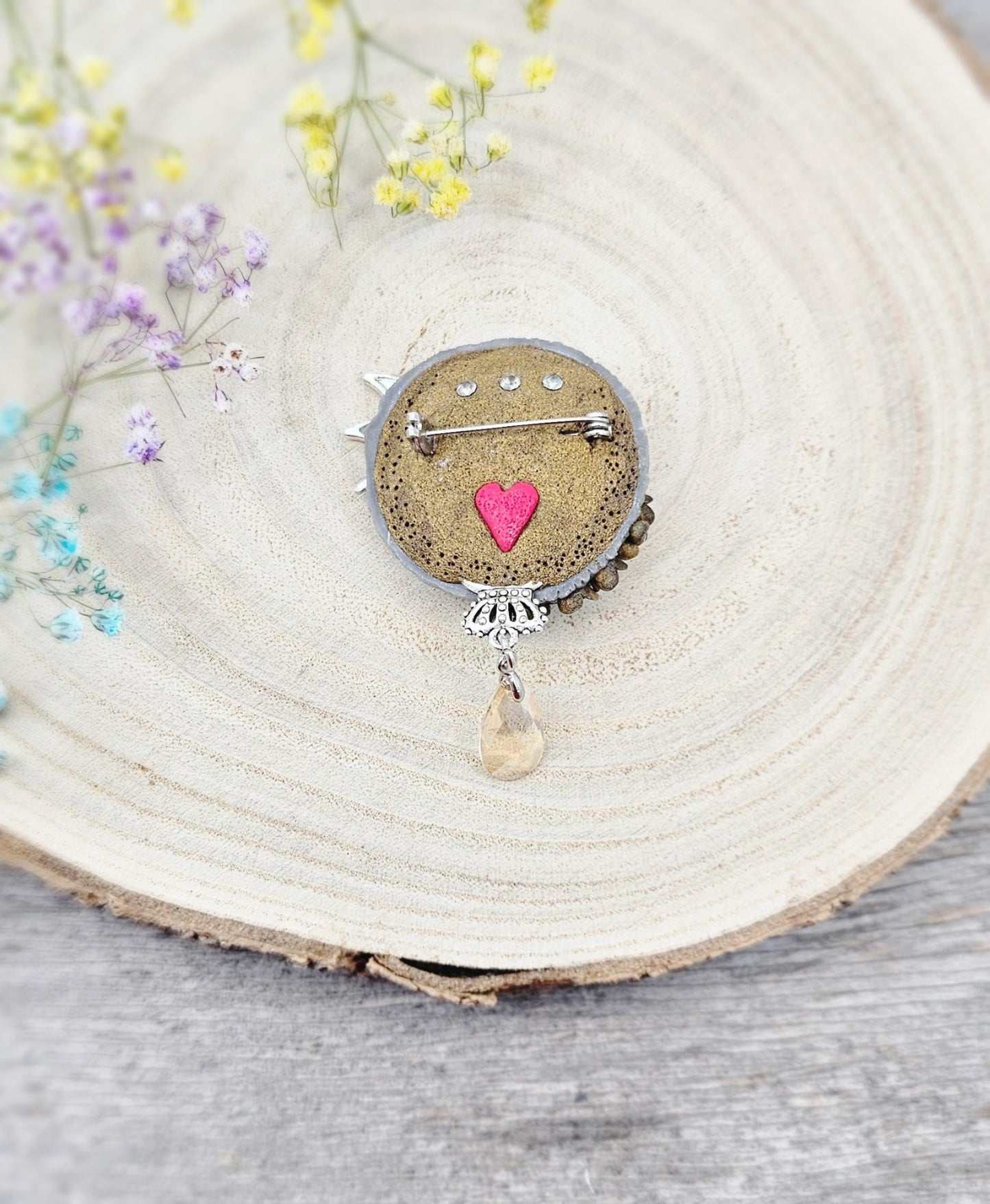 handmade polymer clay brooch with flowers, crystals and heart. Flower jewelry.