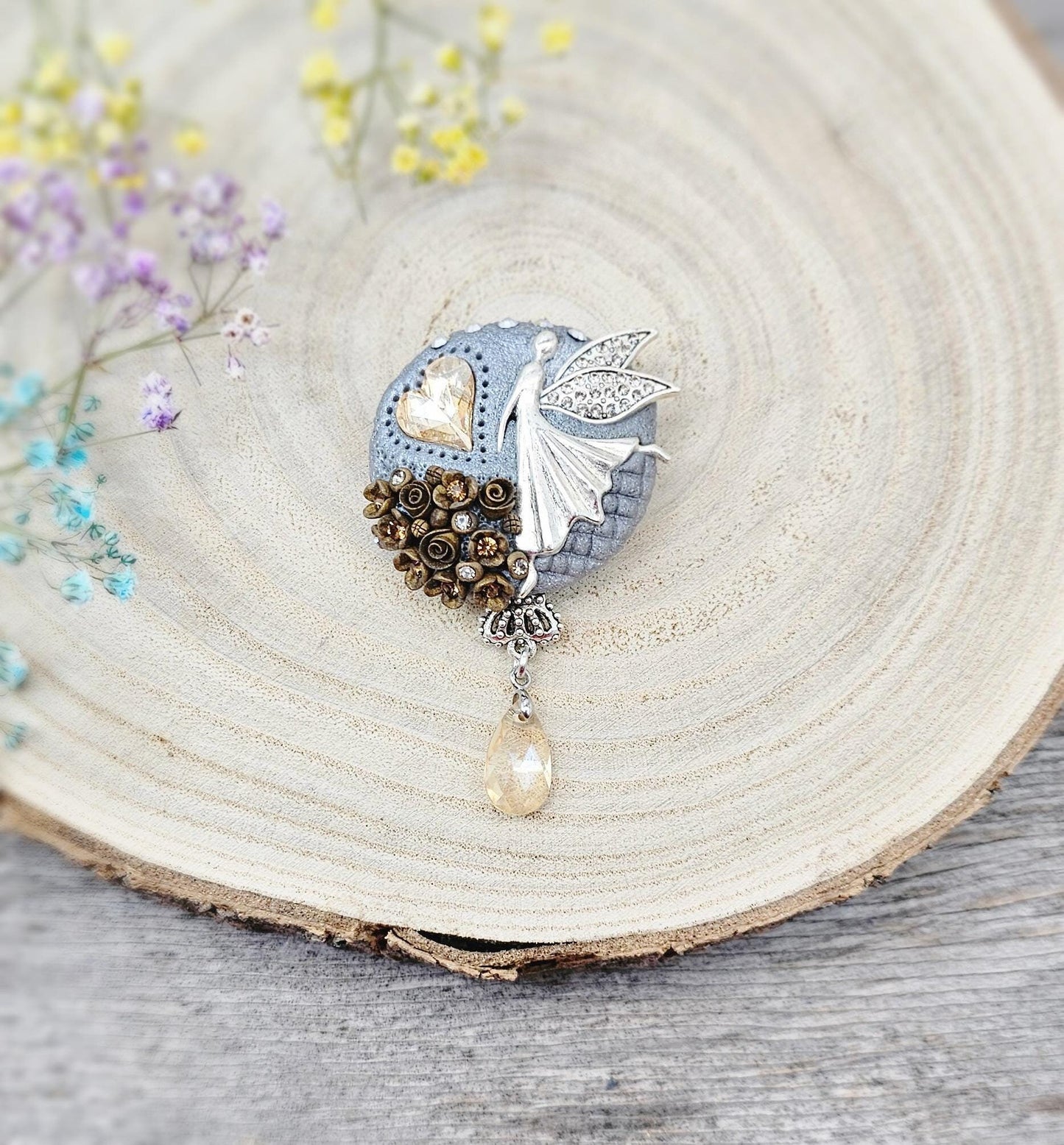 handmade polymer clay brooch with flowers, crystals and heart. Flower jewelry.