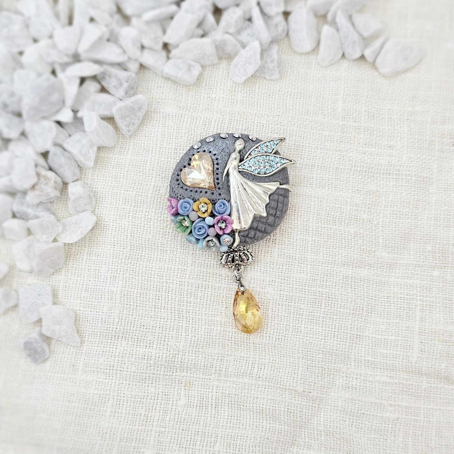 handmade polymer clay brooch with flowers, crystals and heart. Flower jewelry.