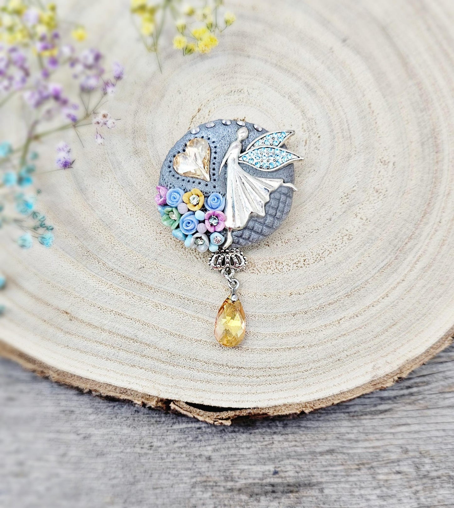 handmade polymer clay brooch with flowers, crystals and heart. Flower jewelry.